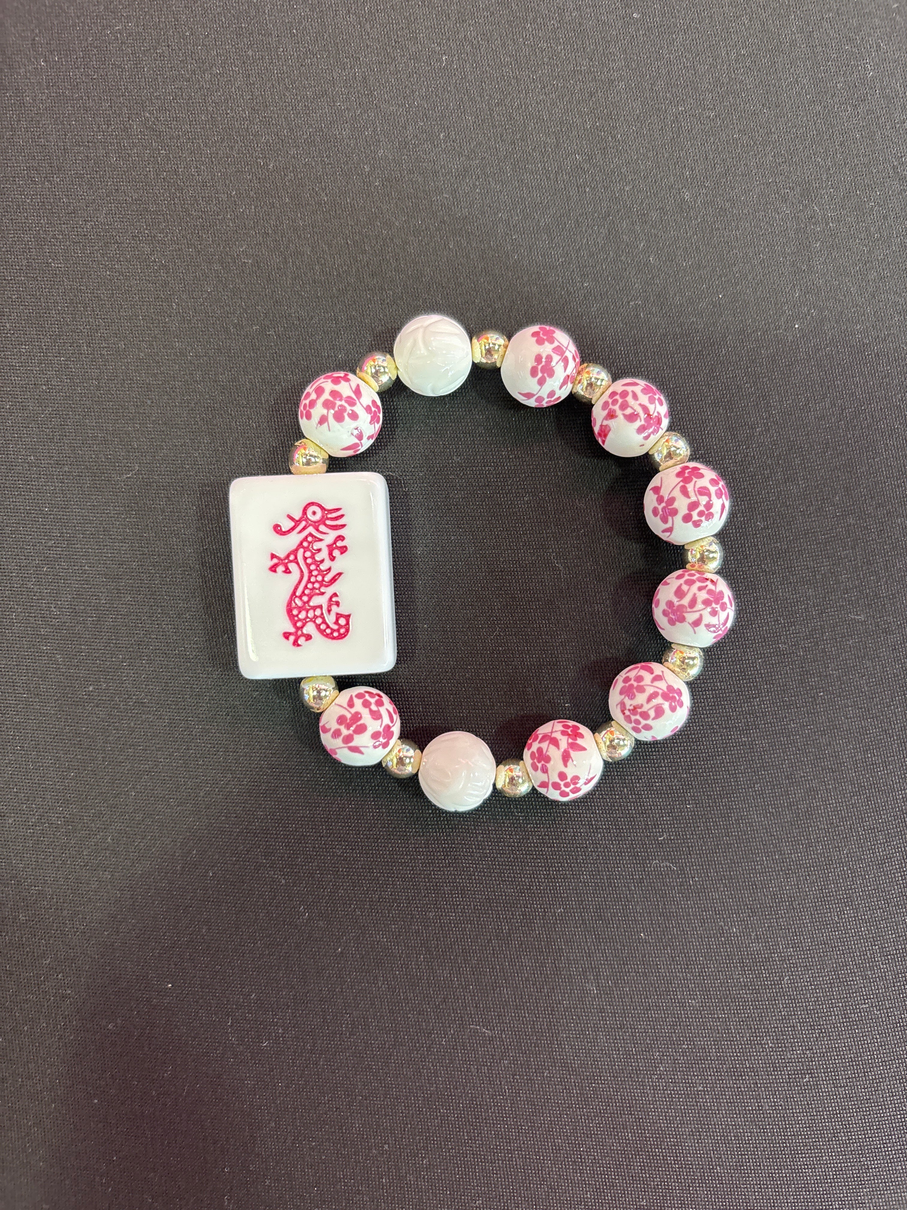 #21 Mahjong Tile Bracelet with Pink and white floral beads , Blue and white beads with Dragon CLEARANCE