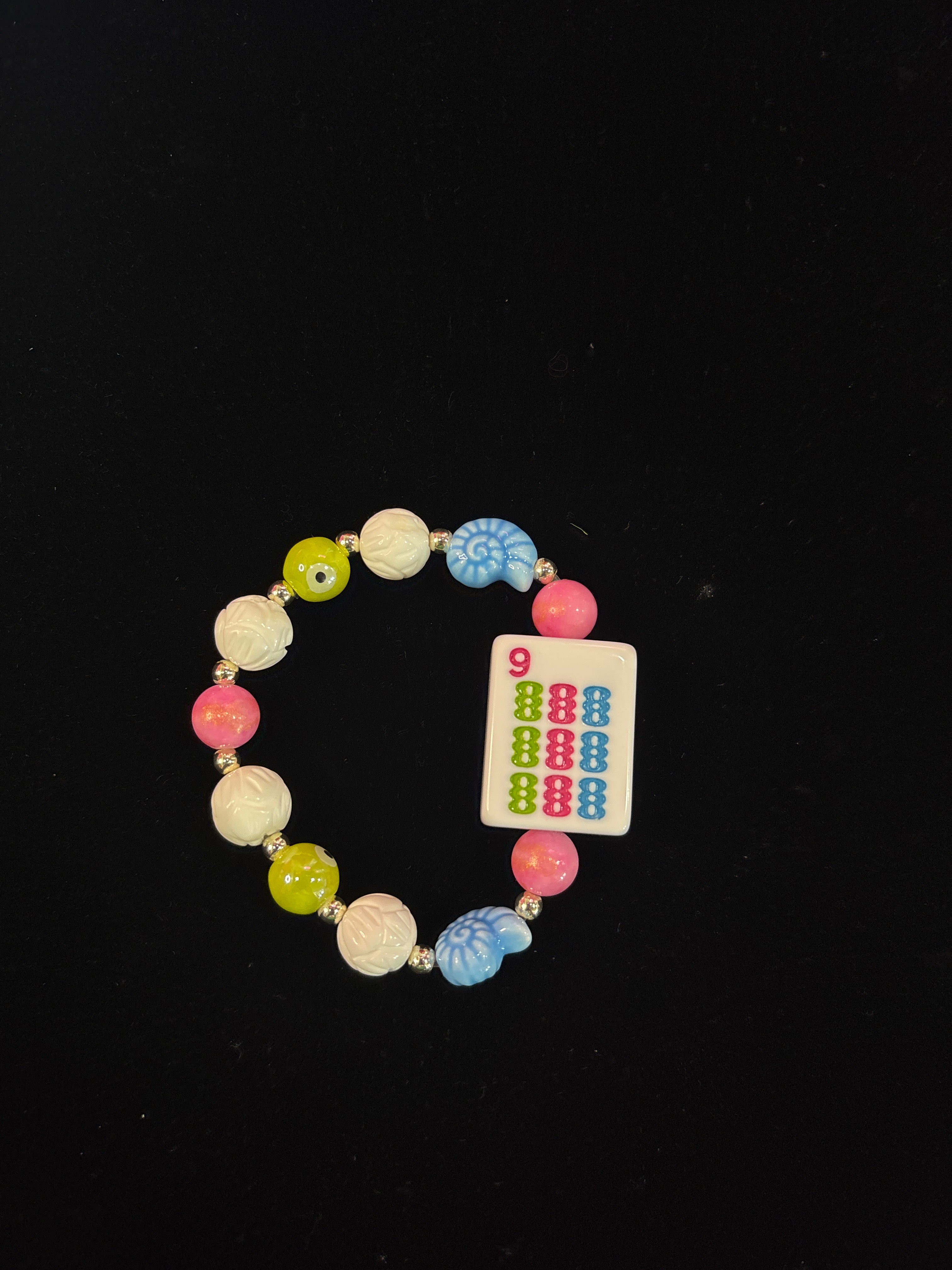 #10 Mahjong Tile Bracelet with Pink, Green, Blue, and White Beads with 9 Bam