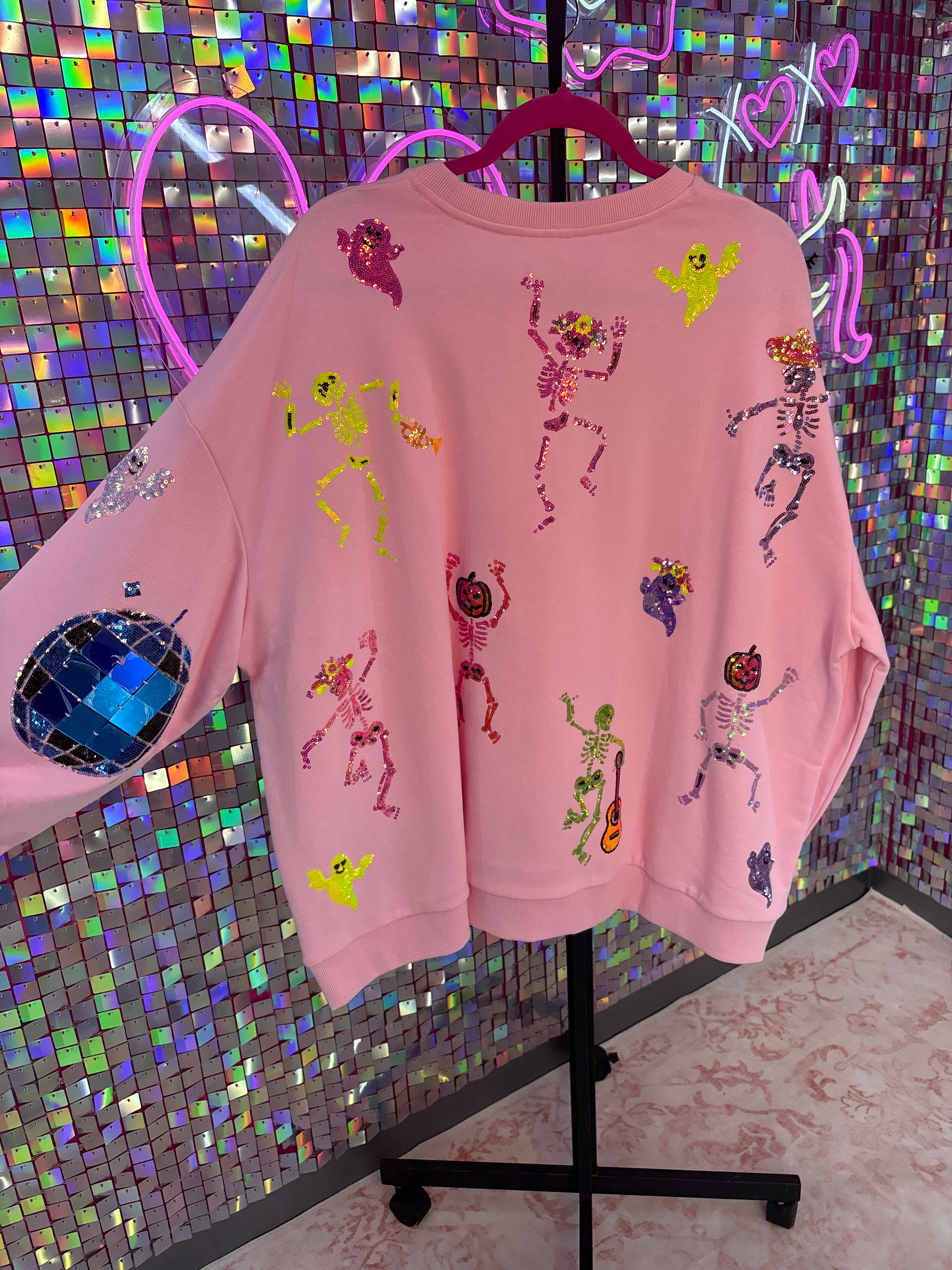 Queen of Sparkles QOS NWT Pink Skeleton Disco Ball Sweatshirt XL