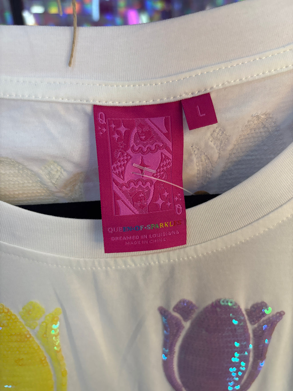 Queen of Sparkles QOS NWT White Multi Tulip Tee L