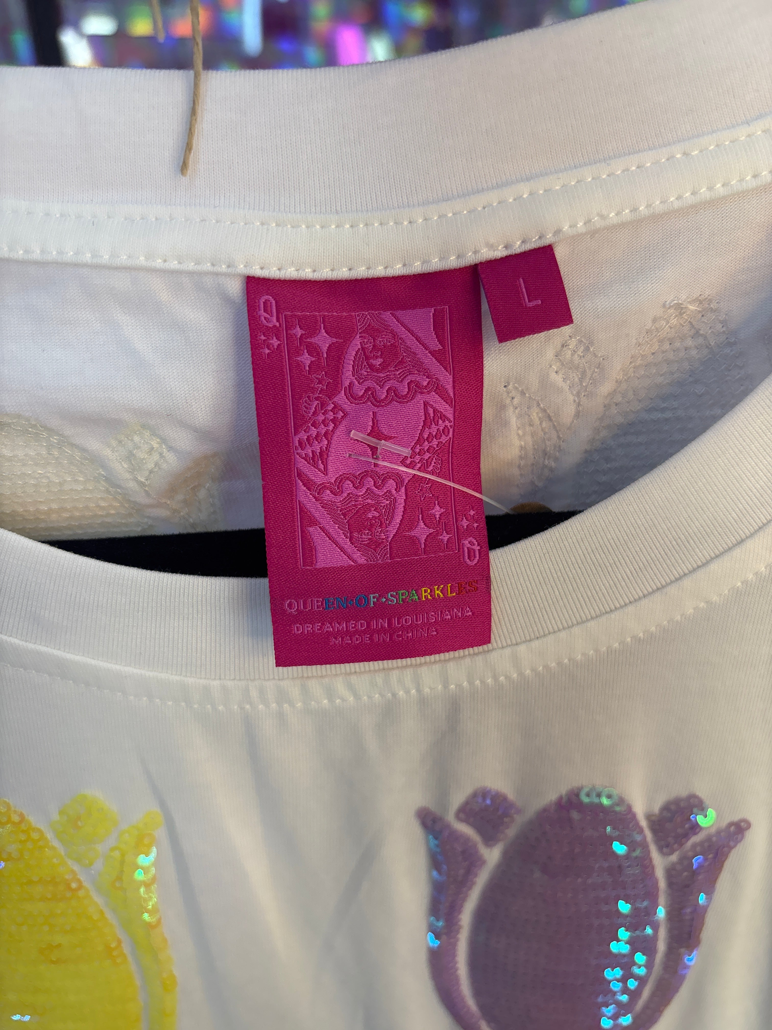 Queen of Sparkles QOS NWT White Multi Tulip Tee L