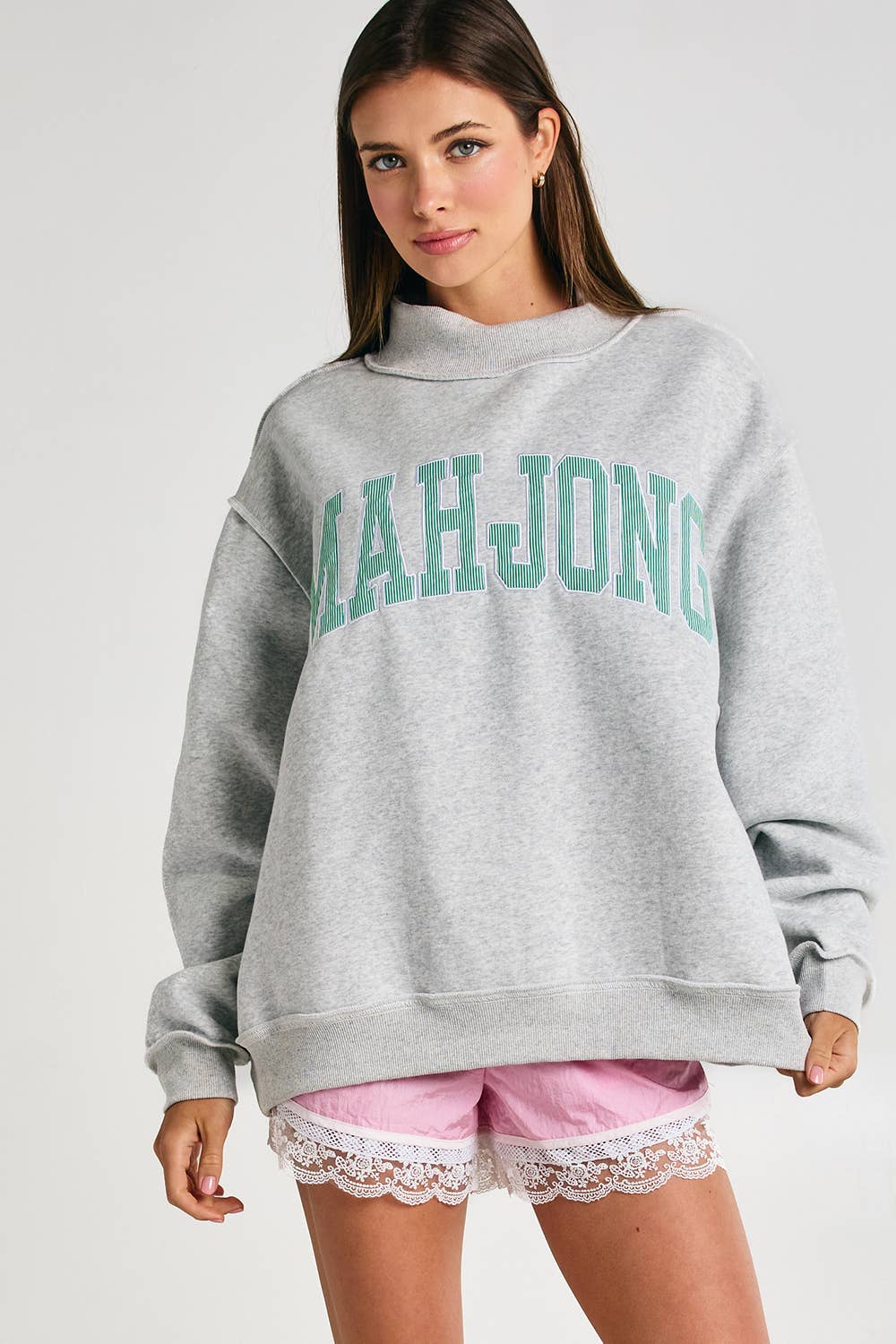 MAHJONG | Mahjong Embroidery Sweatshirt: H.GREY/KELLY GREEN STRIPE / S/M-L/XL (3-3)