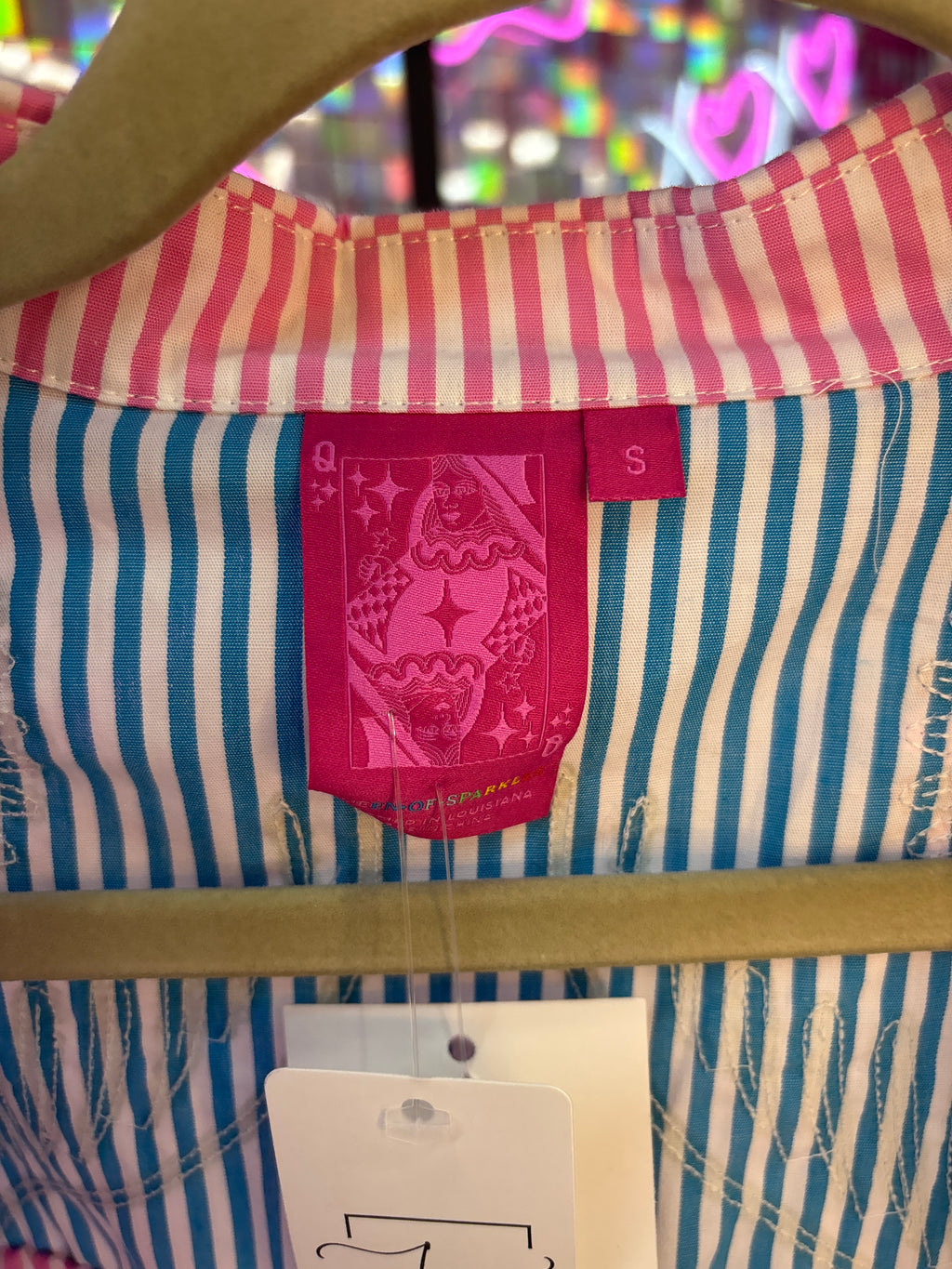 Queen of Sparkles QOS NWT Blue and Pink Striped Button Up with Flowers S