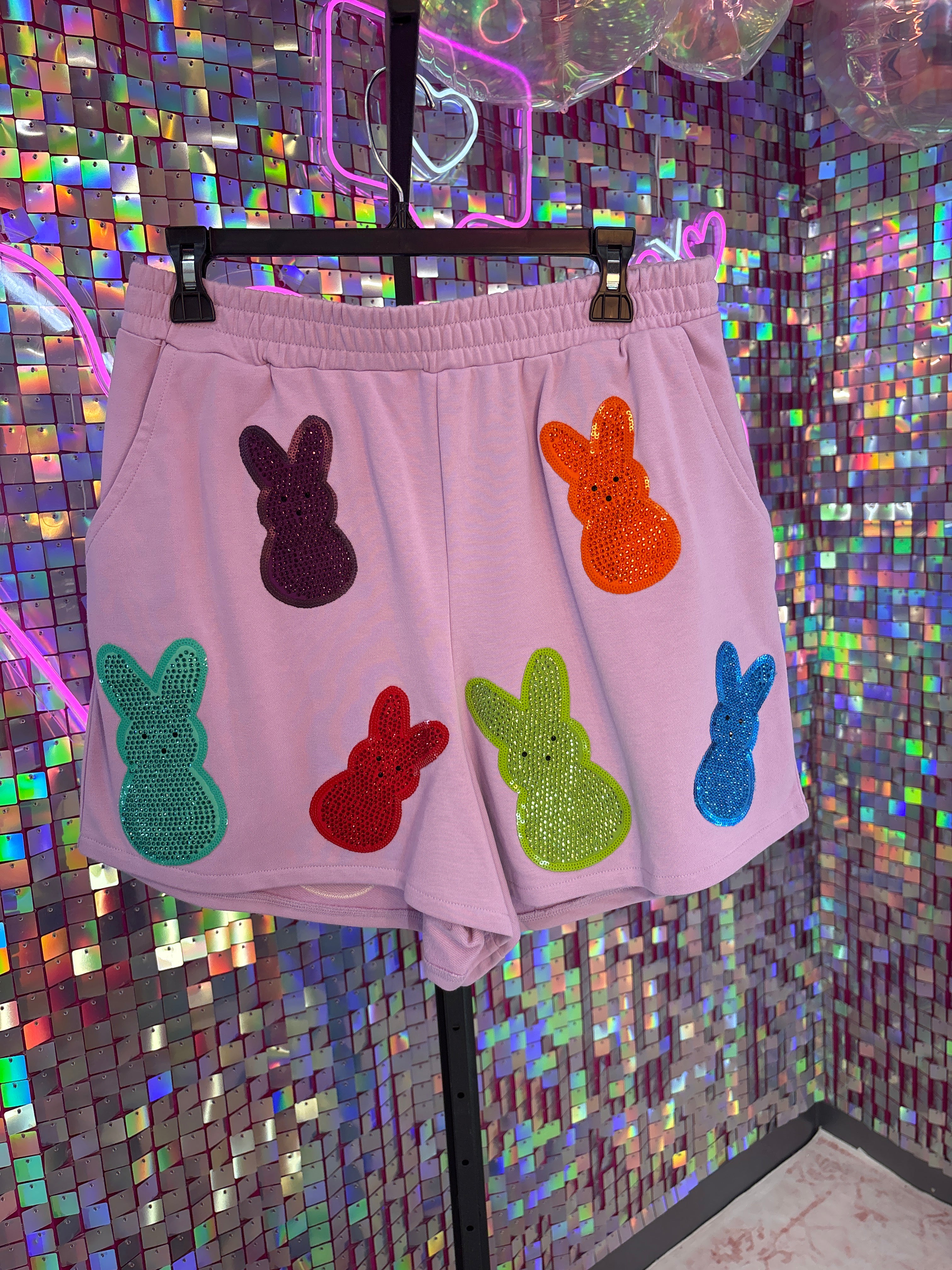 Queen of Sparkles QOS NWOT Purple Peeps Sweatshorts L