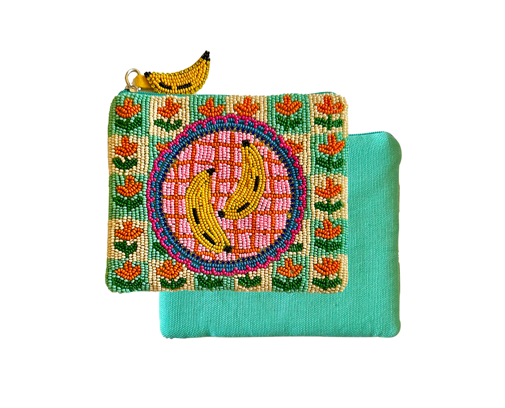Banana Coin Purse, Fruit Beaded Bag, Floral Bag