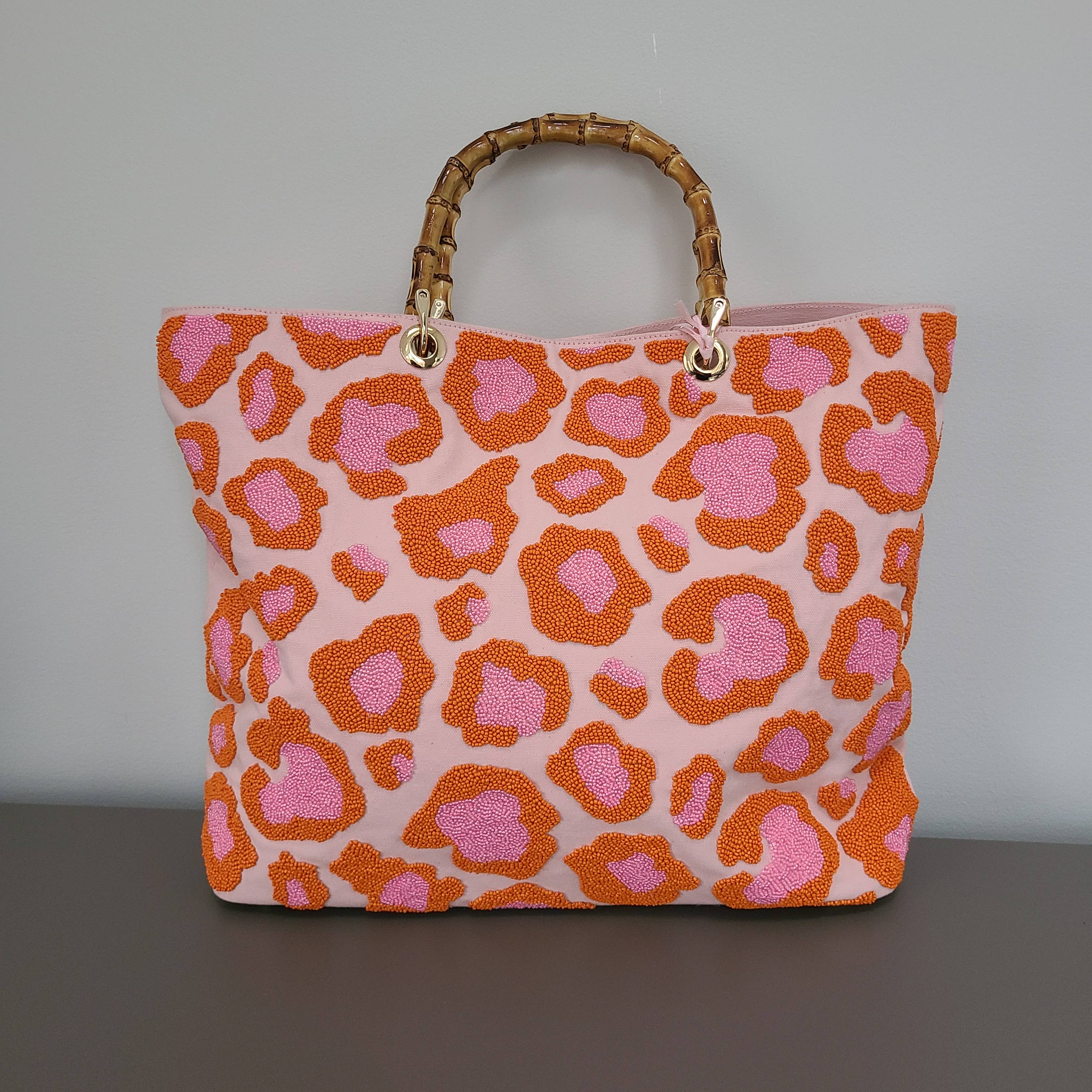 PInk Leopard Tote Bamboo Handle