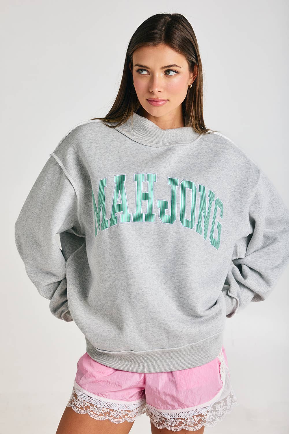 MAHJONG | Mahjong Embroidery Sweatshirt: H.GREY/KELLY GREEN STRIPE / S/M-L/XL (3-3)