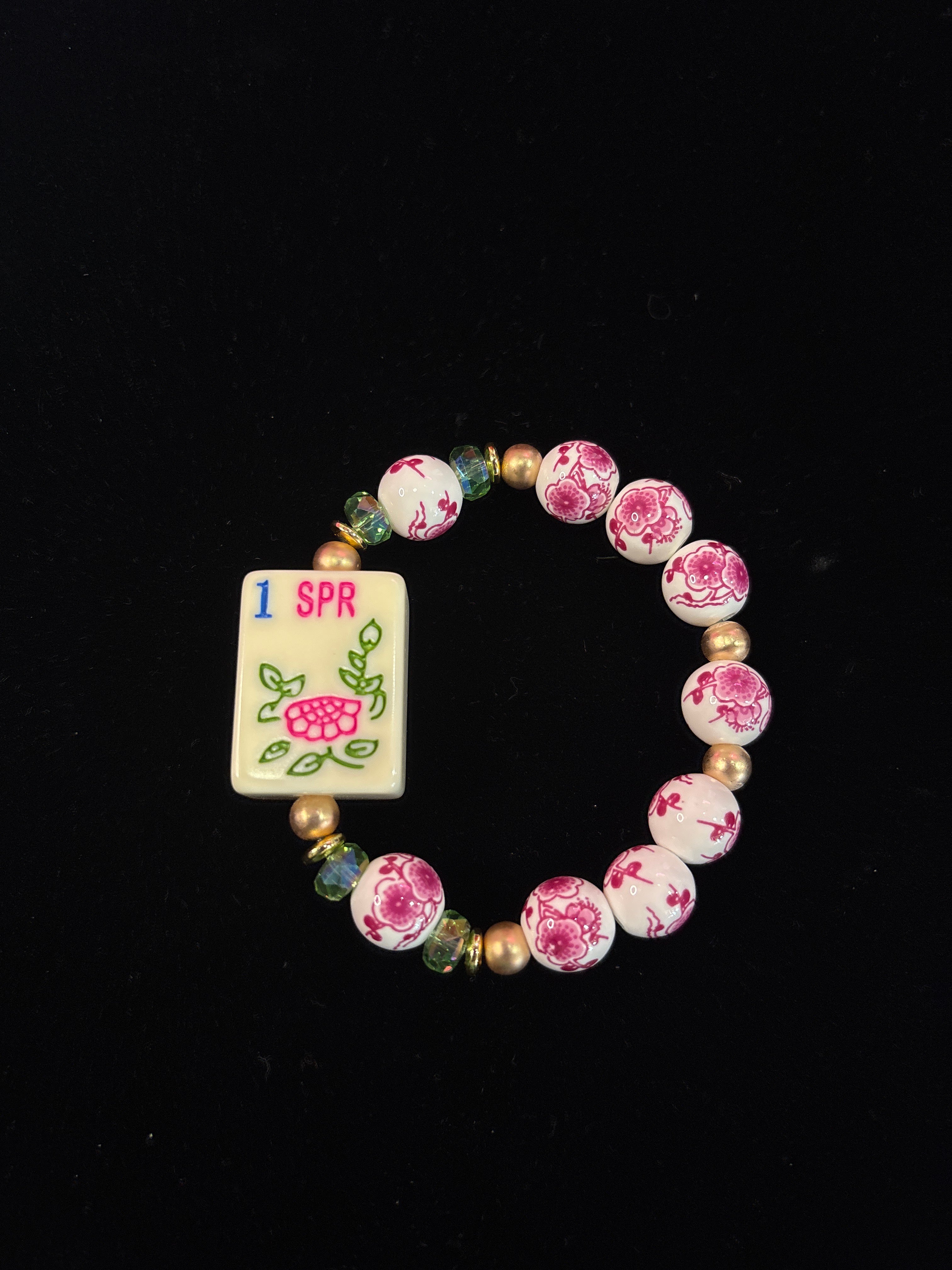 Mahjong Tile Bracelet with Pink and White Floral Beads with Green Clear and Gold Beads with 1 Flower