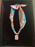 Mahjong Tile Scarf Necklace- Orange and Blue with 3 Flower