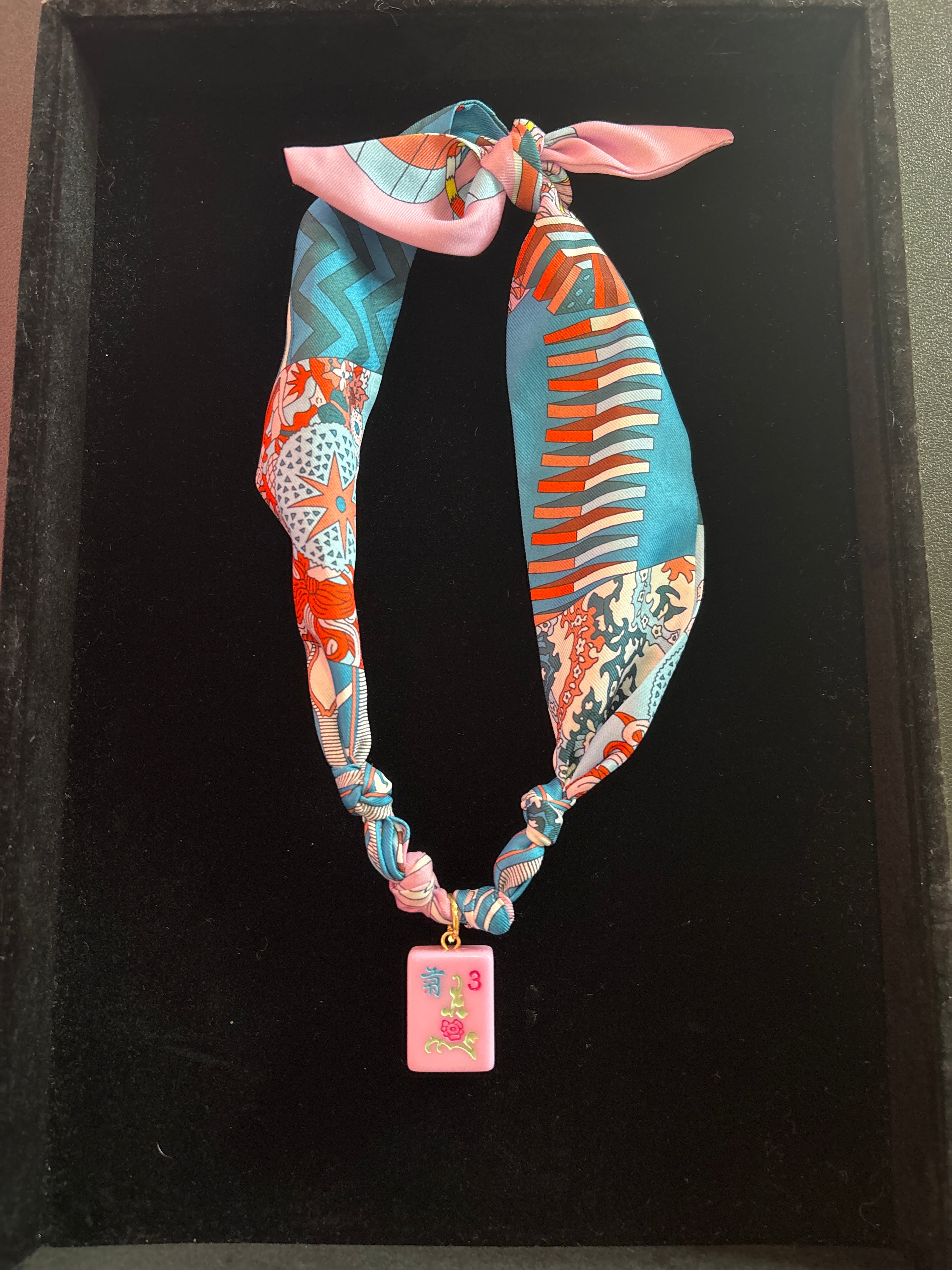 Mahjong Tile Scarf Necklace- Orange and Blue with 3 Flower