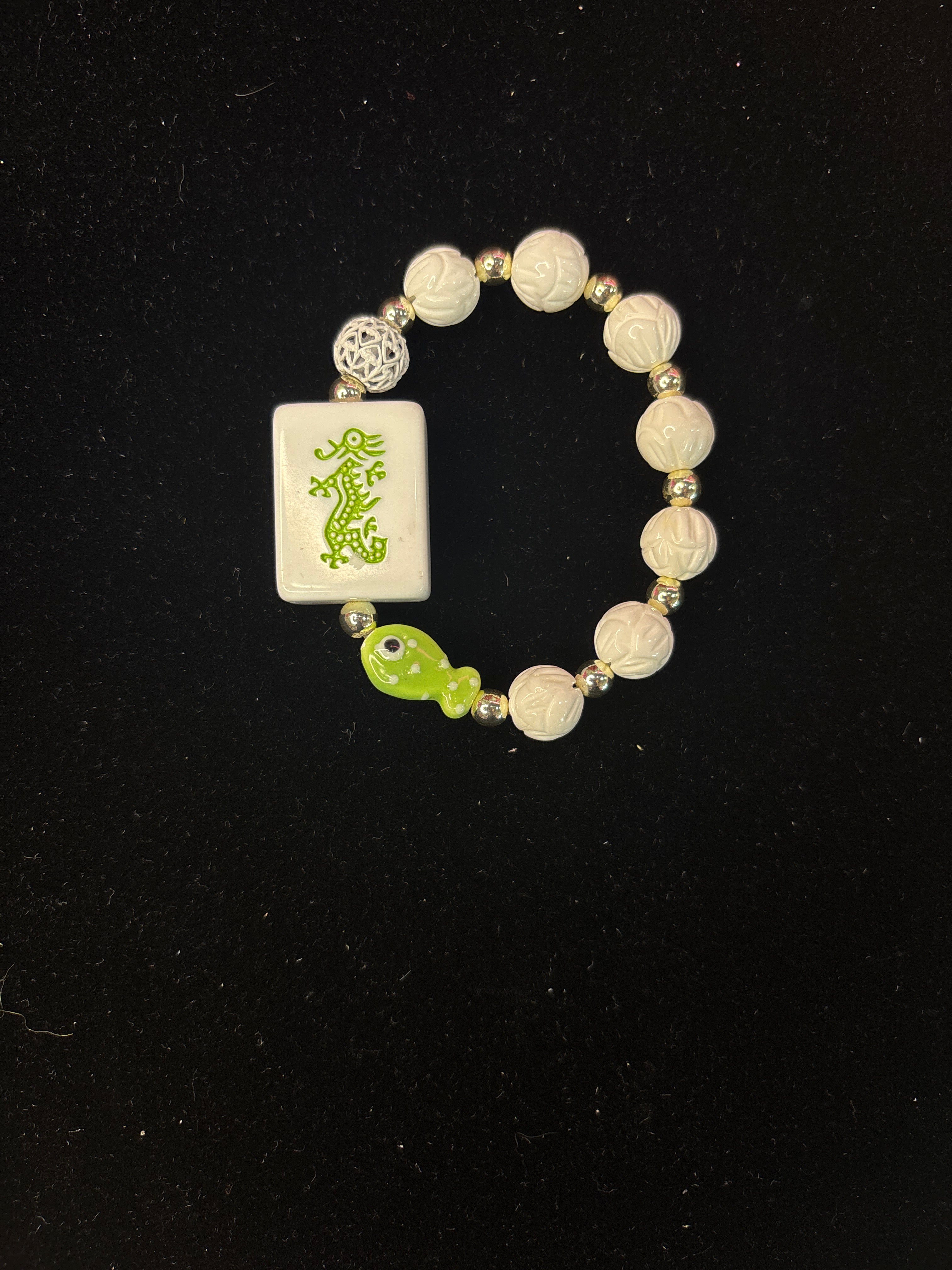 Mahjong Tile Bracelet with Green Dragon, White Beads, Gold Filler Beads and Green Fish Beads