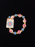 Mahjong Tile Bracelet with Pink and White Floral Beads with Blue and Gold Beads with 1 Dot