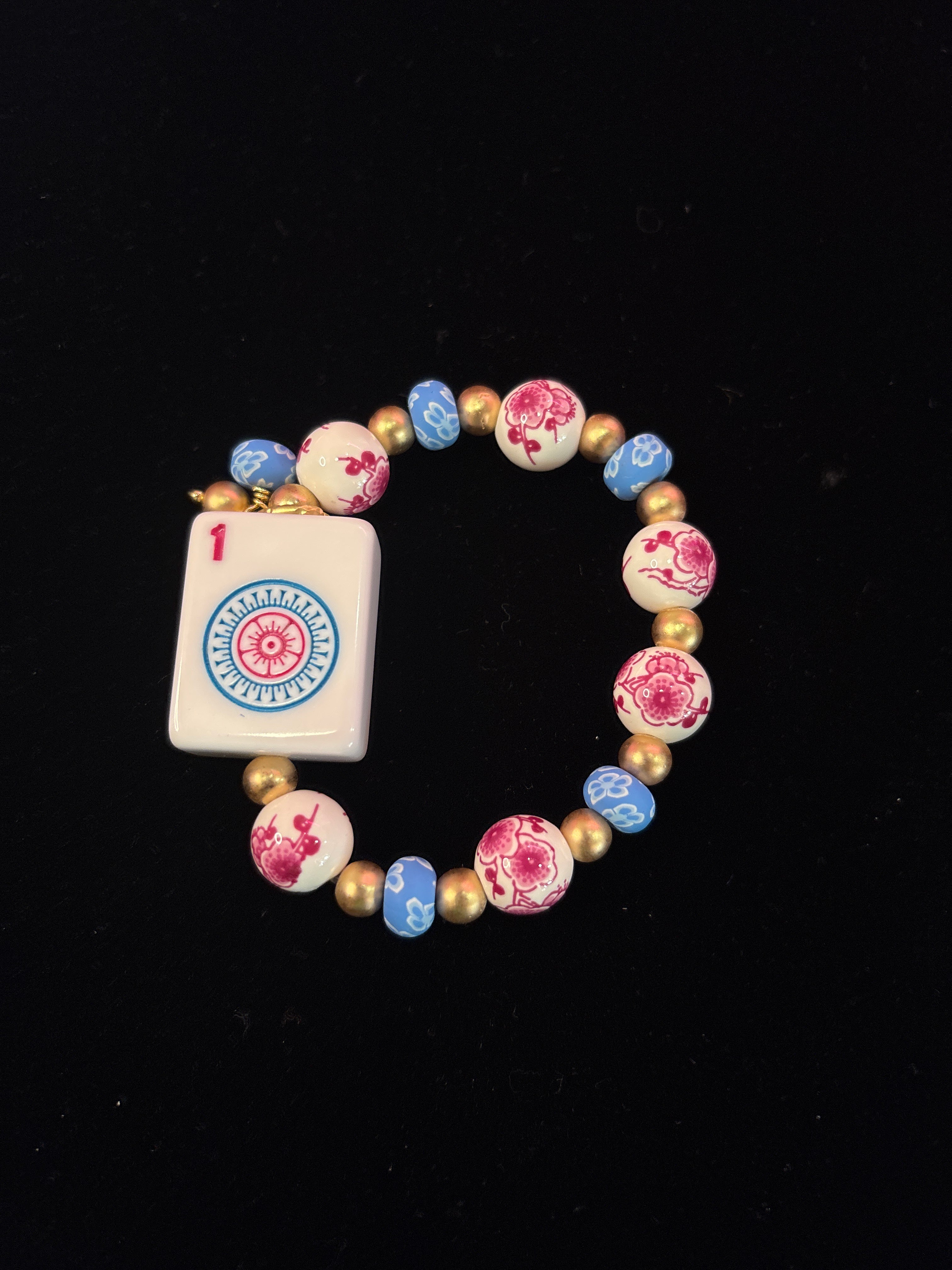 Mahjong Tile Bracelet with Pink and White Floral Beads with Blue and Gold Beads with 1 Dot