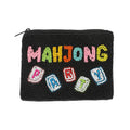 “Mahjong Party” Text Seed Beaded Zip Top Coin Bag: Black