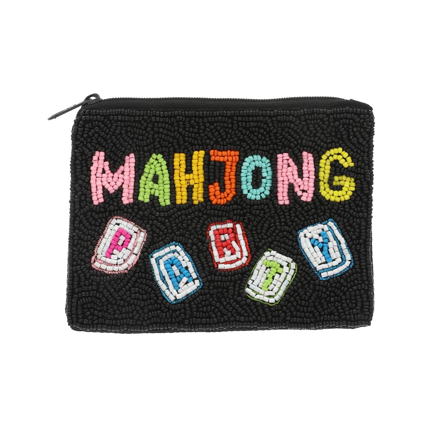 “Mahjong Party” Text Seed Beaded Zip Top Coin Bag: Black