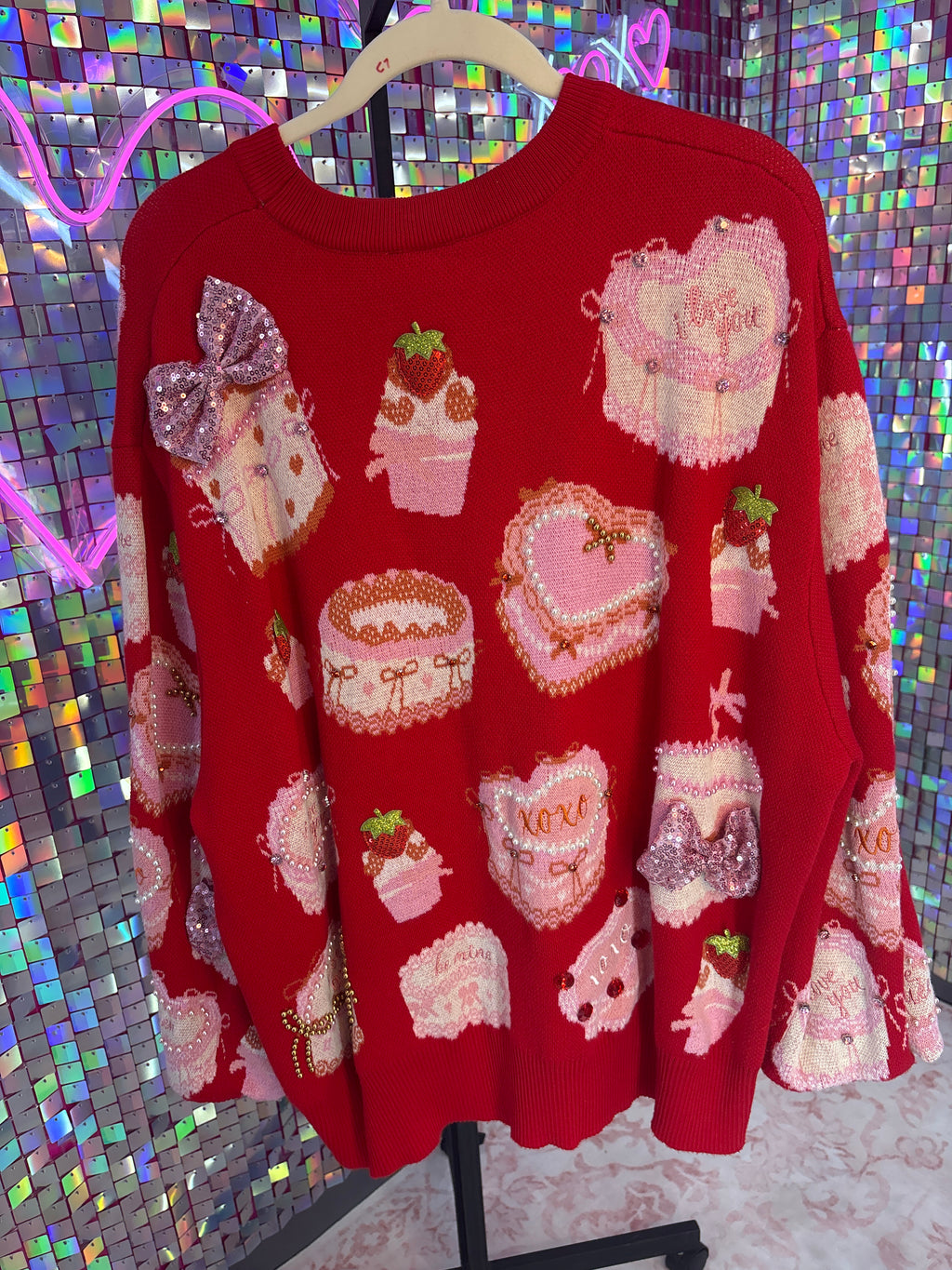 Queen of Sparkles QOS EUC Red Valentines Bakery Sweater L