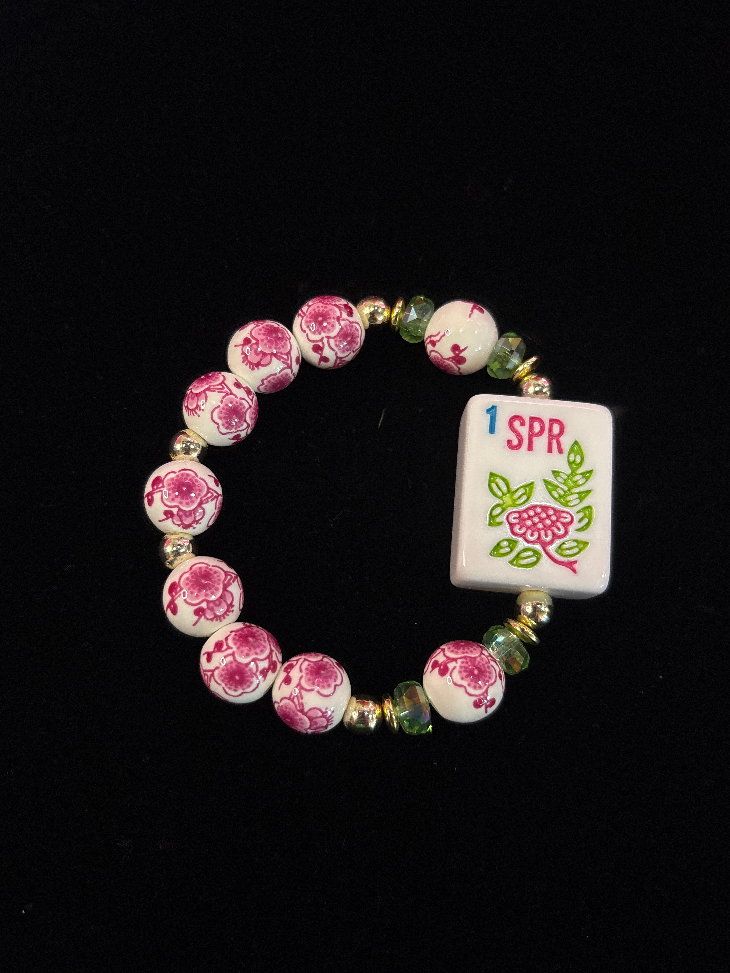 #6 Mahjong Tile Bracelet with Pink and White Floral Beads with Clear Green and Gold Beads with 1 Flower