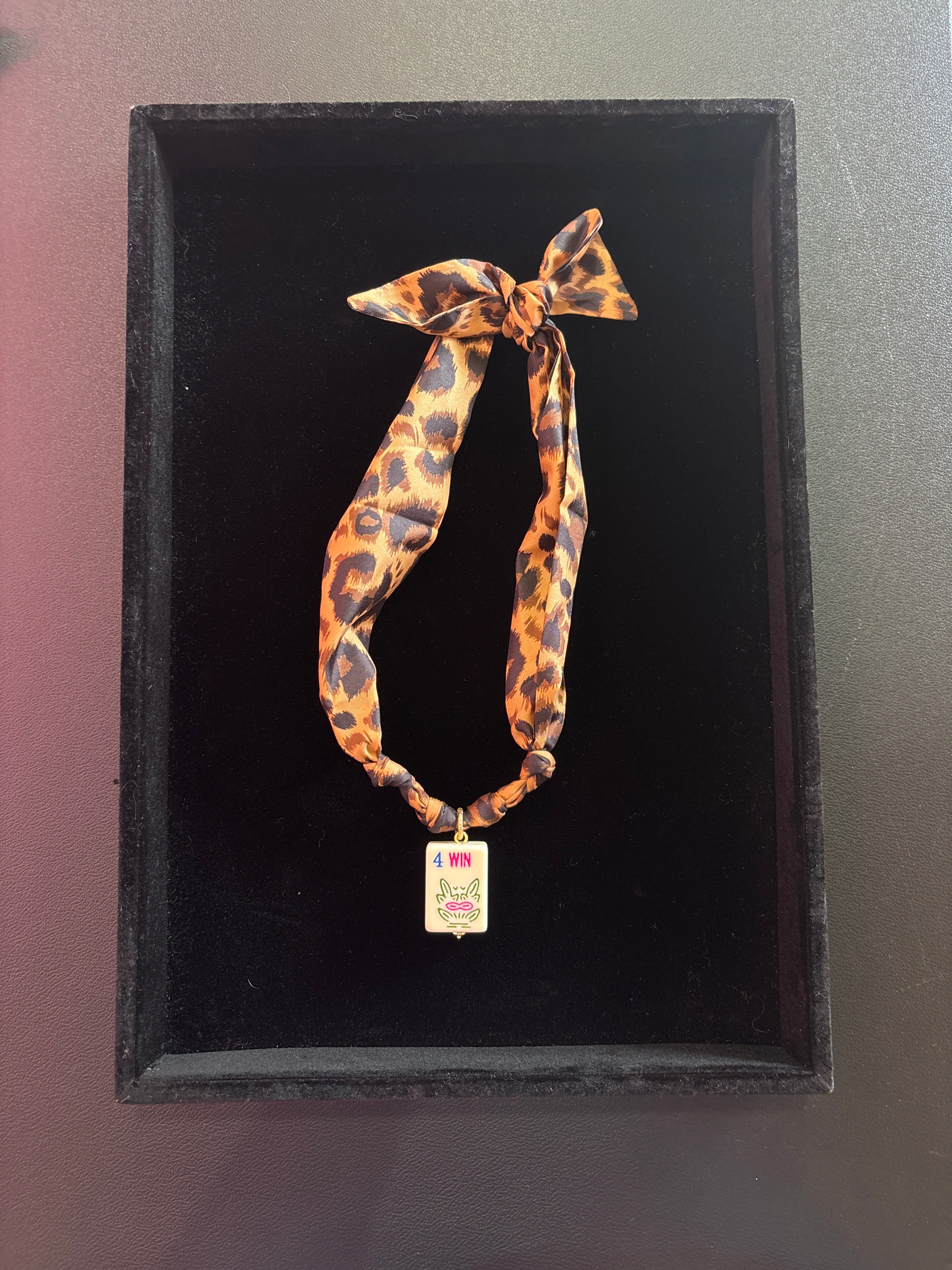 Mahjong Tile Scarf Necklace- Leopard with Winter Flower