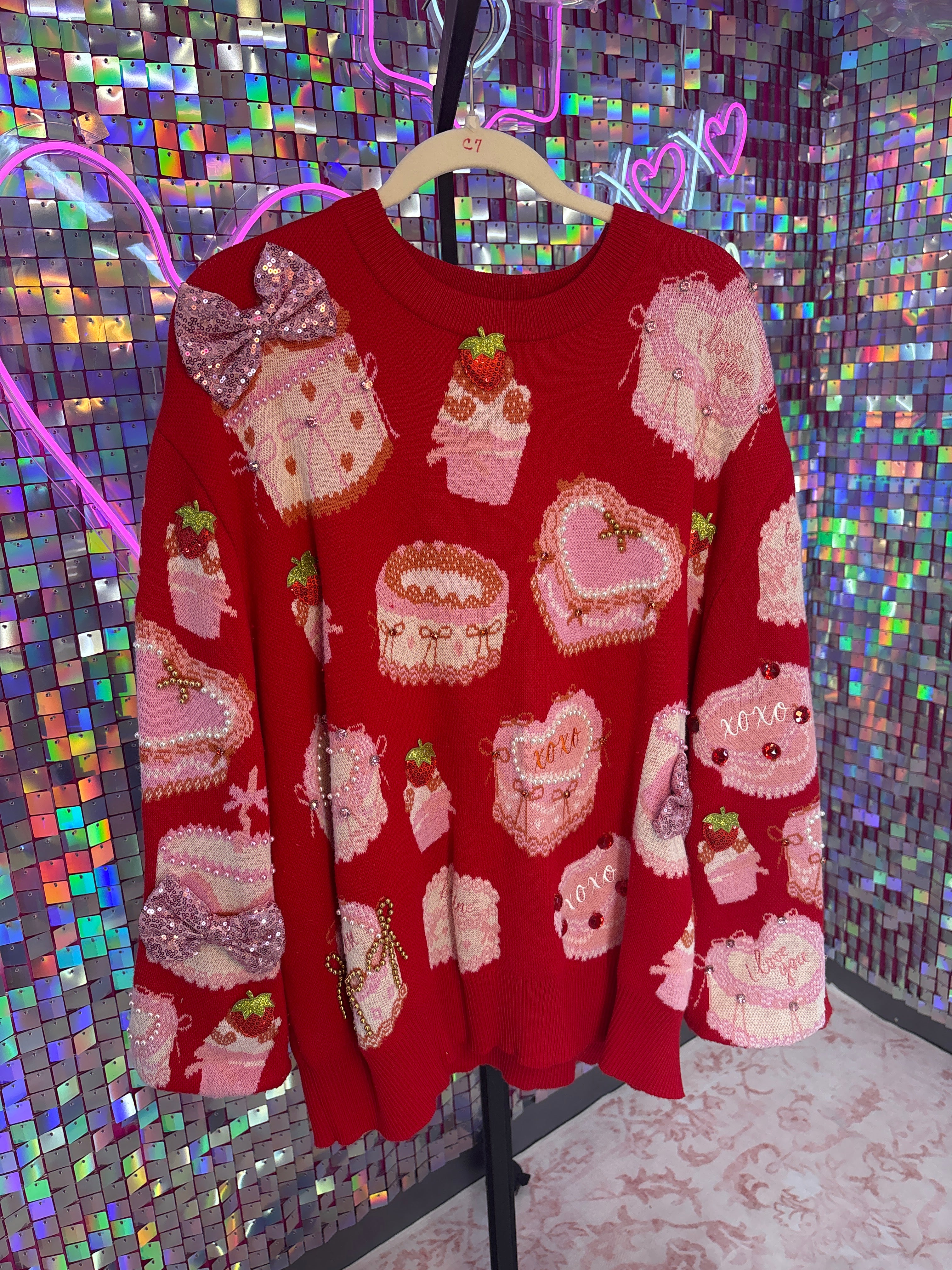 Queen of Sparkles QOS EUC Red Valentines Bakery Sweater L