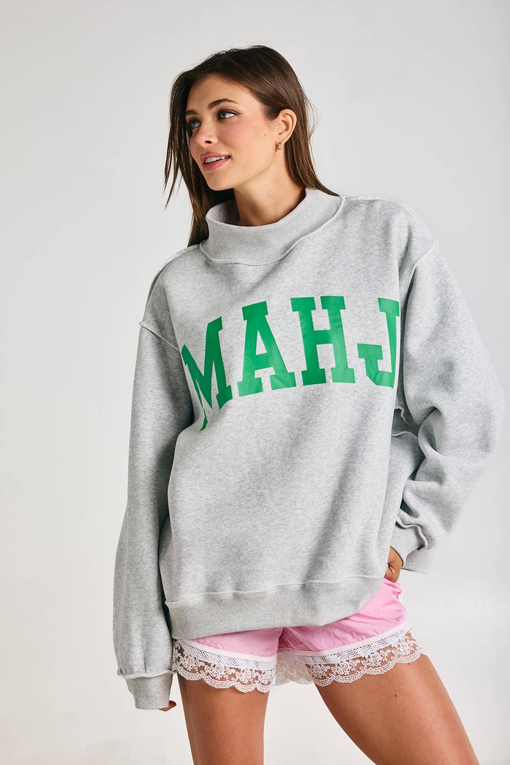 MAHJONG  Reversible "MAHJ"&"BAM" Mock Neck Sweatshirt: Heather Grey/Kelly Green / S/M-L/XL (3-3)