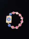 #5 Mahjong Tile Bracelet with Pink and White Floral Beads with Blue Square Floral Beads with 1 Dot