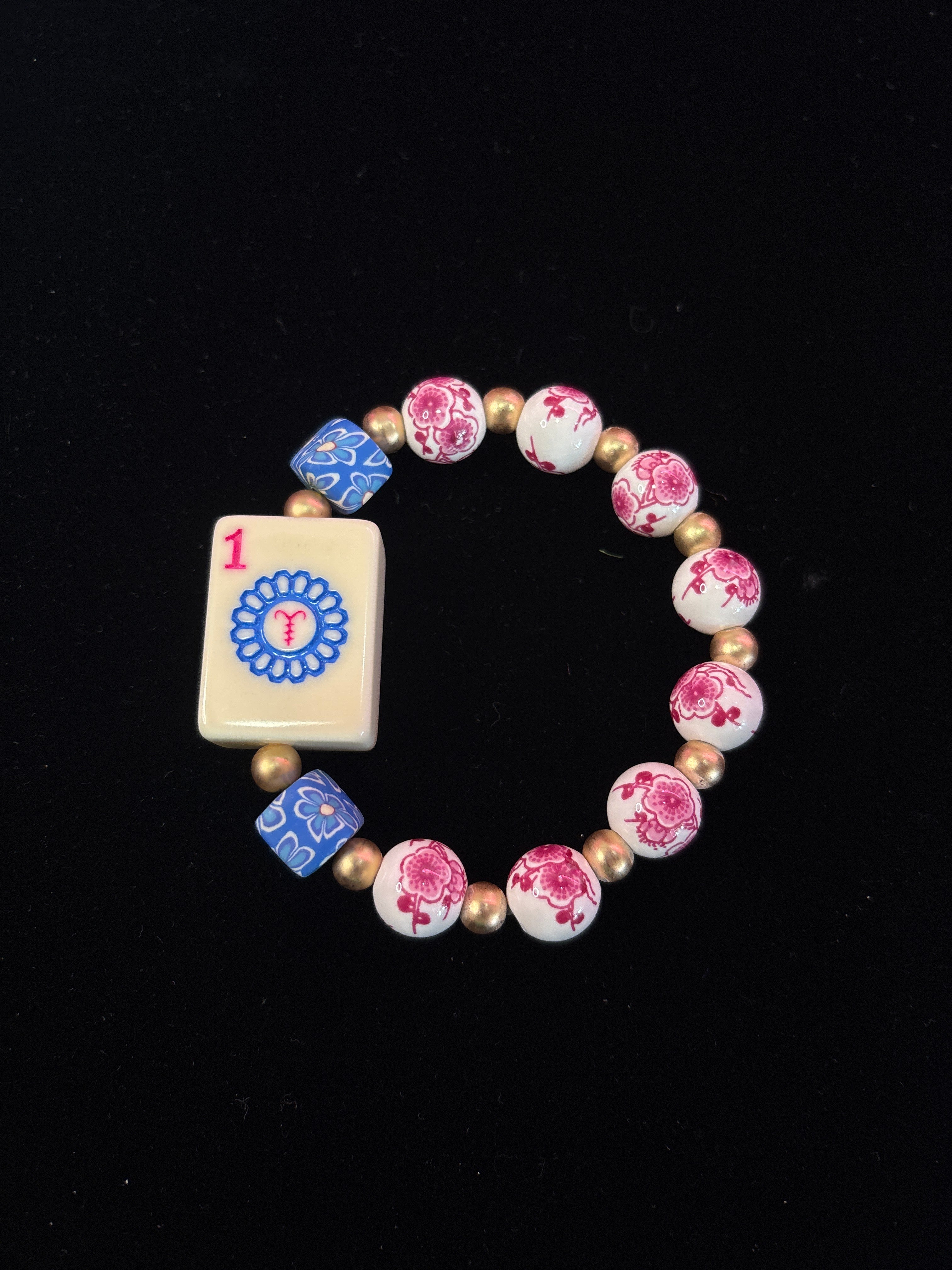 #5 Mahjong Tile Bracelet with Pink and White Floral Beads with Blue Square Floral Beads with 1 Dot