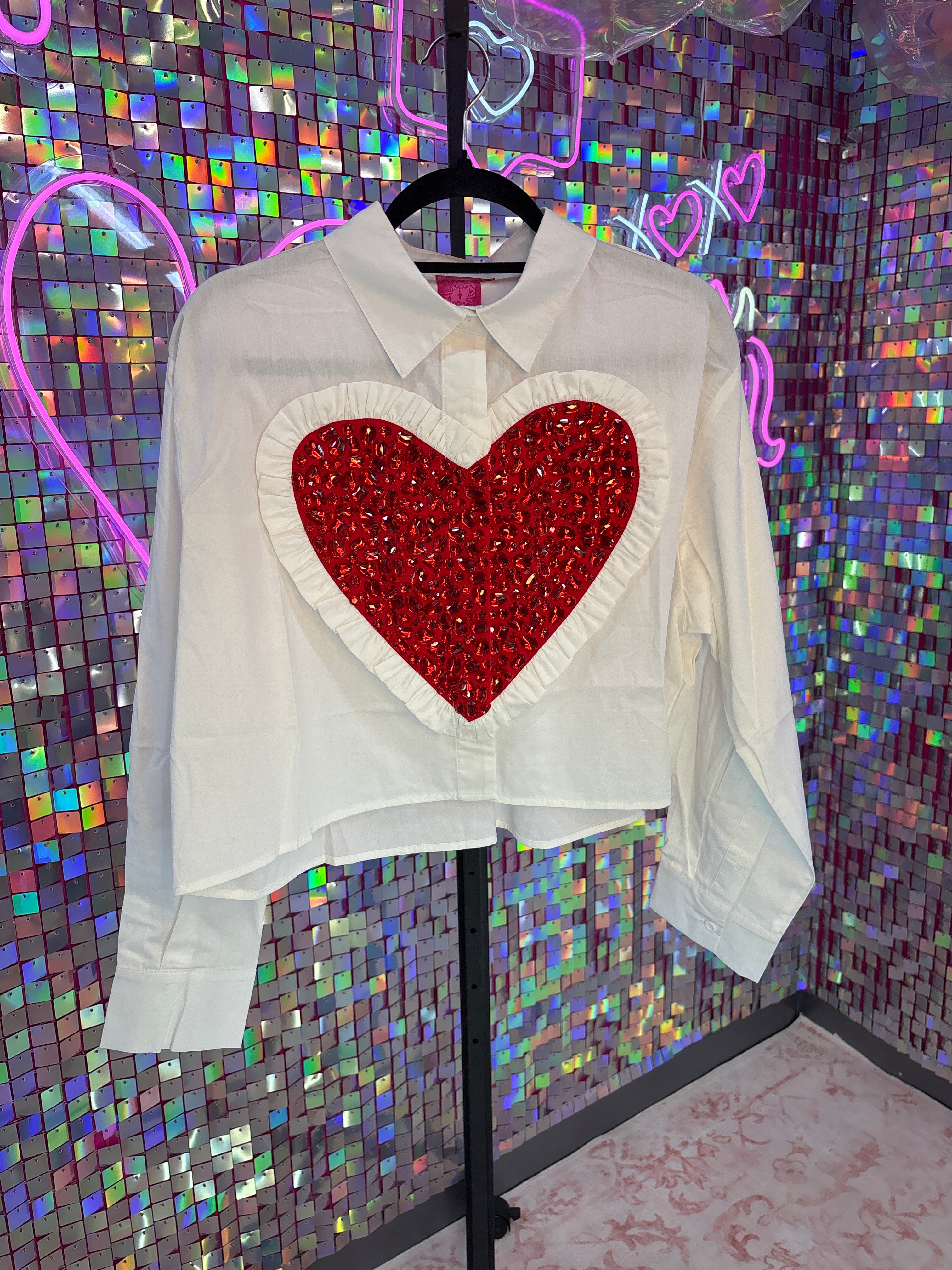 Queen of Sparkles QOS NWT White Button Up with Red Heart S