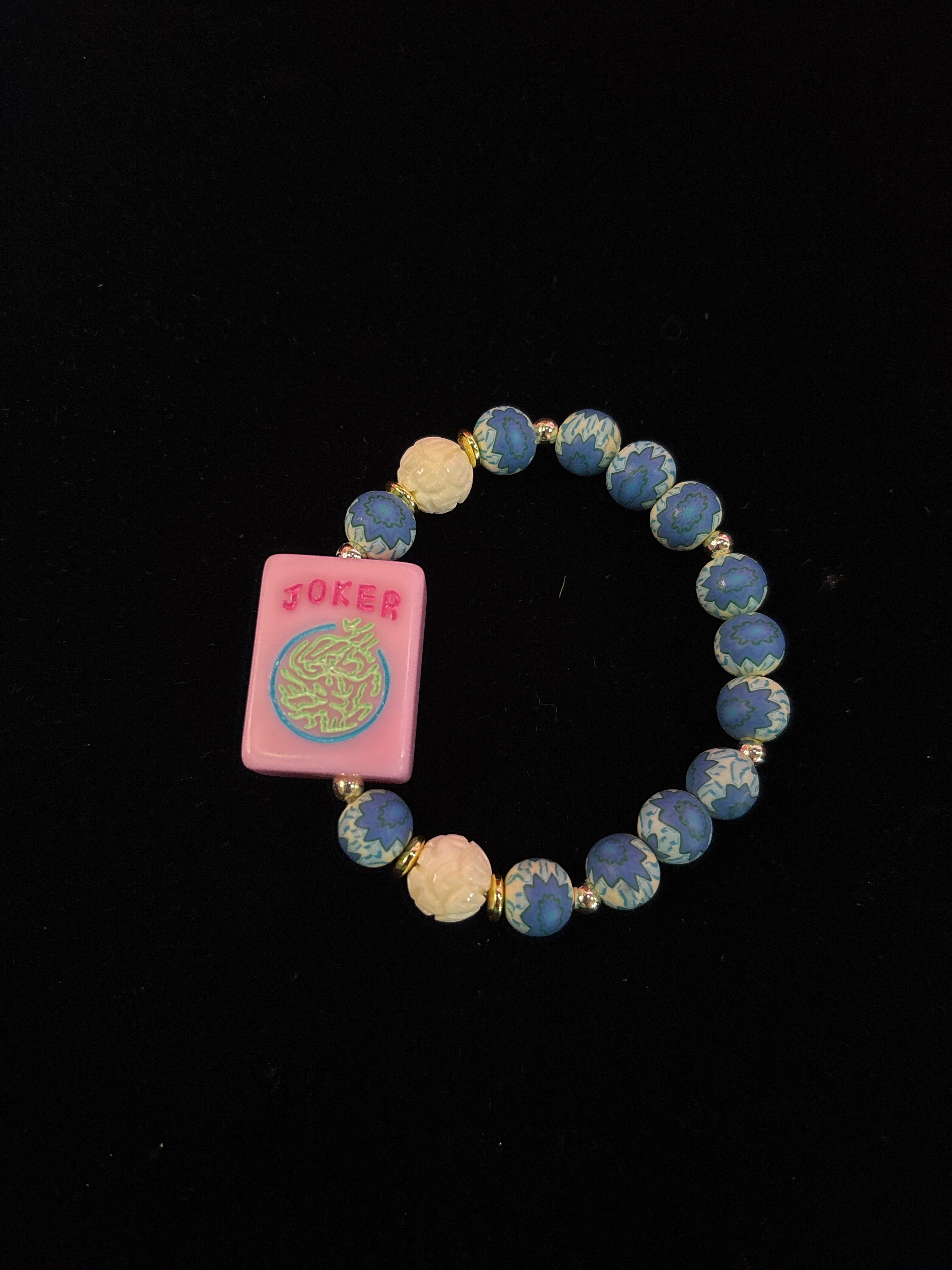 Mahjong Tile Bracelet with Blue Floral Beads with White and Gold Beads with Joker