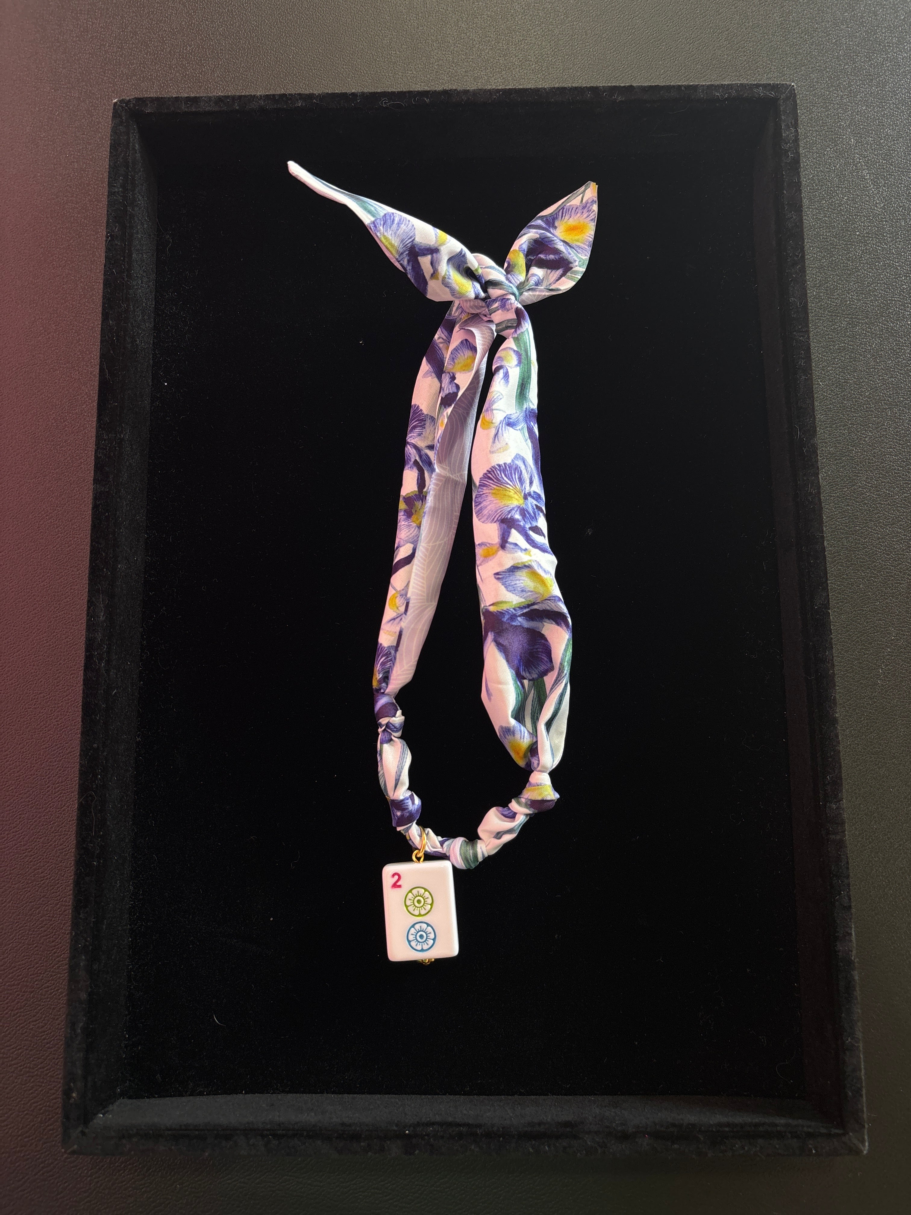 Mahjong Tile Scarf Necklace- blue floral with 2 dot