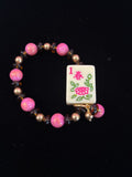 #8 Mahjong Tile Bracelet with Pink, Brown, and Gold Beads with 1 Flower