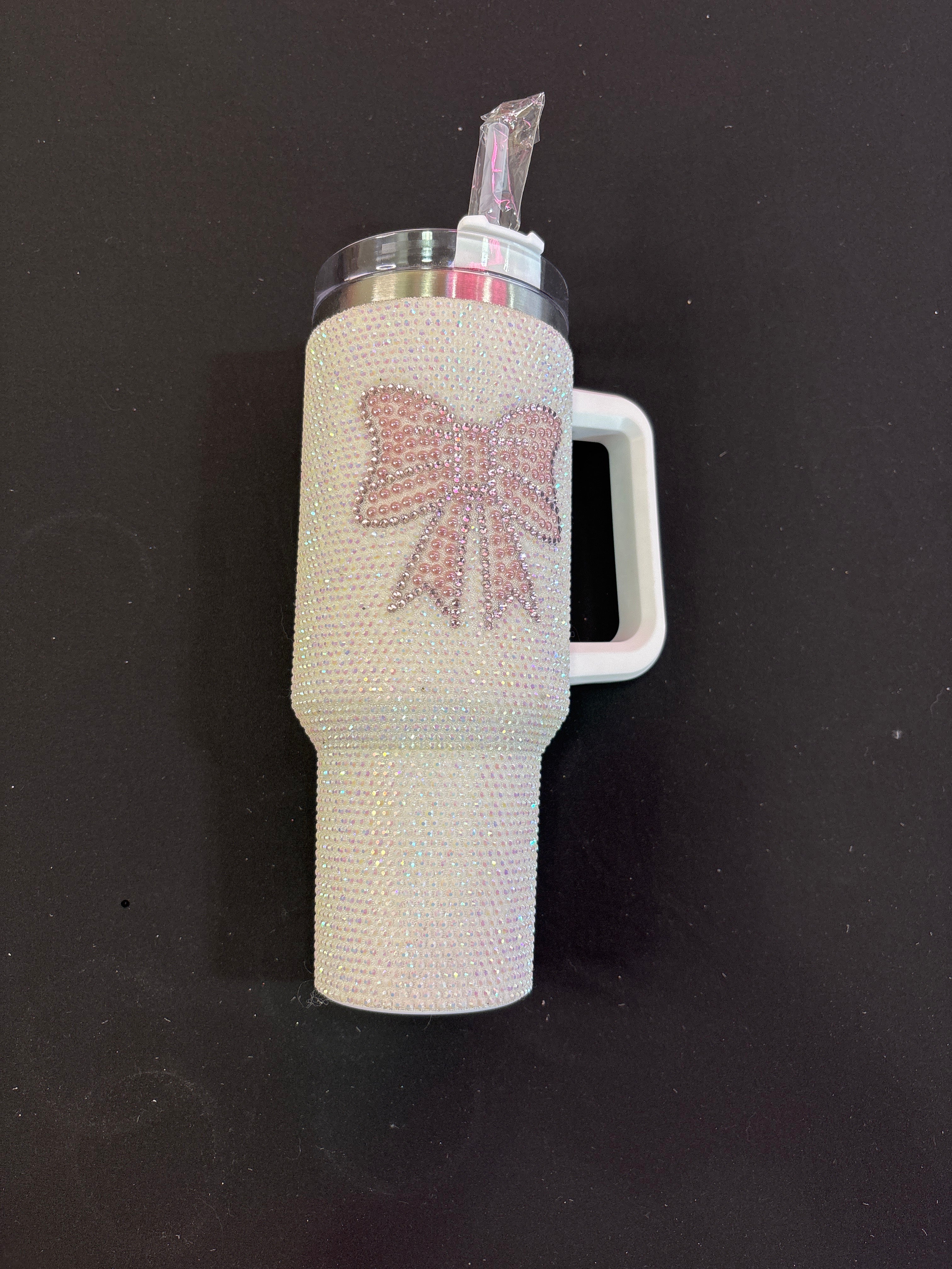 White Sparkle Tumbler Cup with Pink Bow