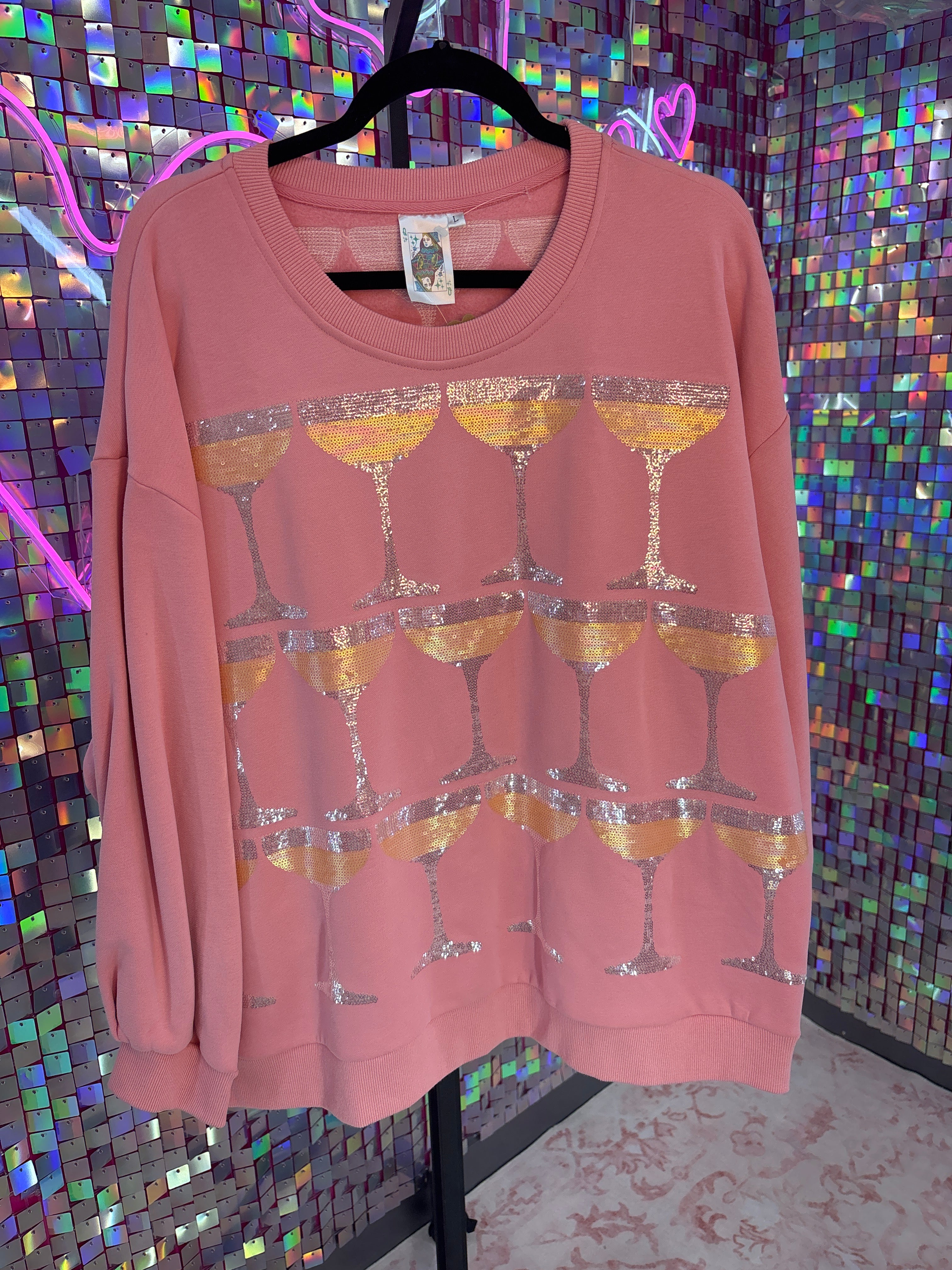 Queen of Sparkles QOS NWOT Pink Wine Glass Sweatshirt L