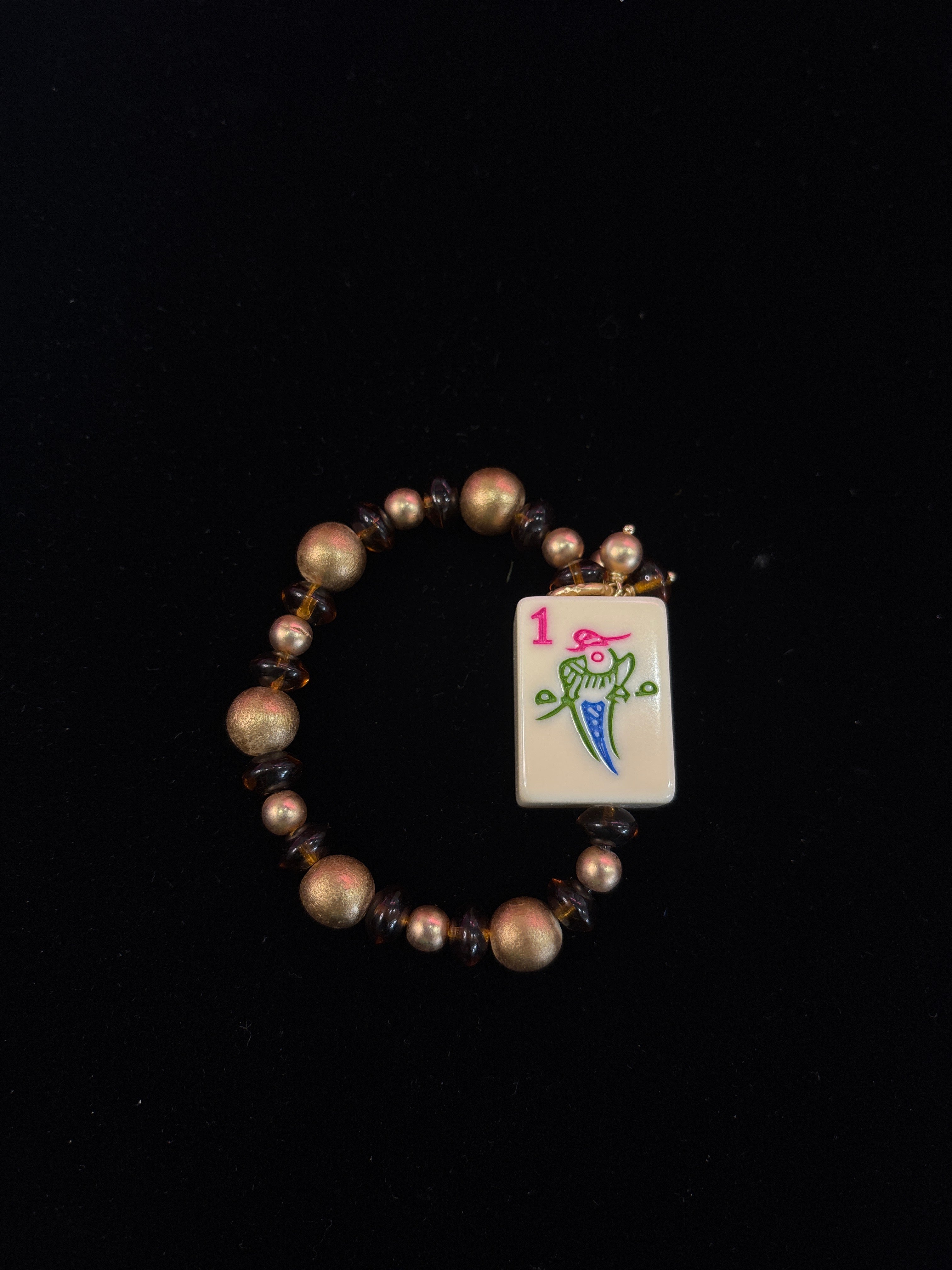 #2 Mahjong Tile Bracelet with Gold and Brown Beads with 1 Bam Bird