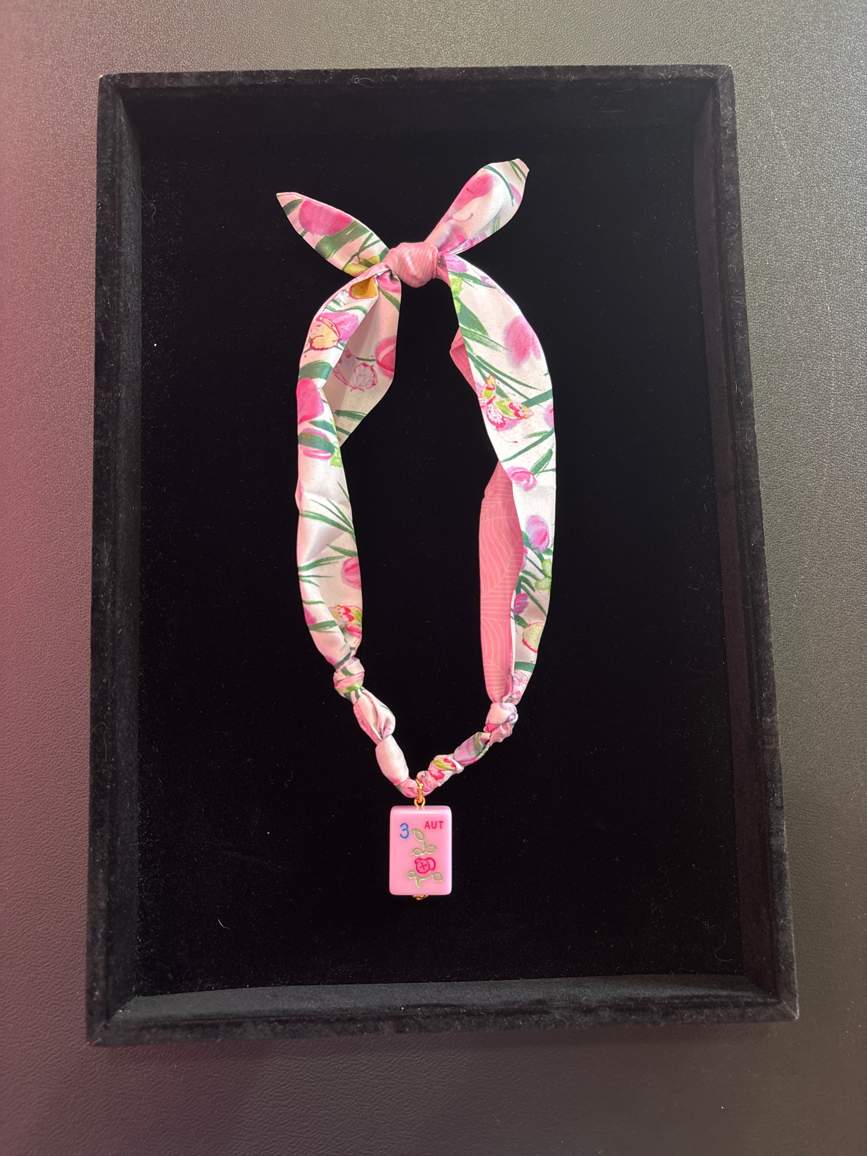 Mahjong Tile Scarf Necklace- Pink Butterfly with Autumn Flower