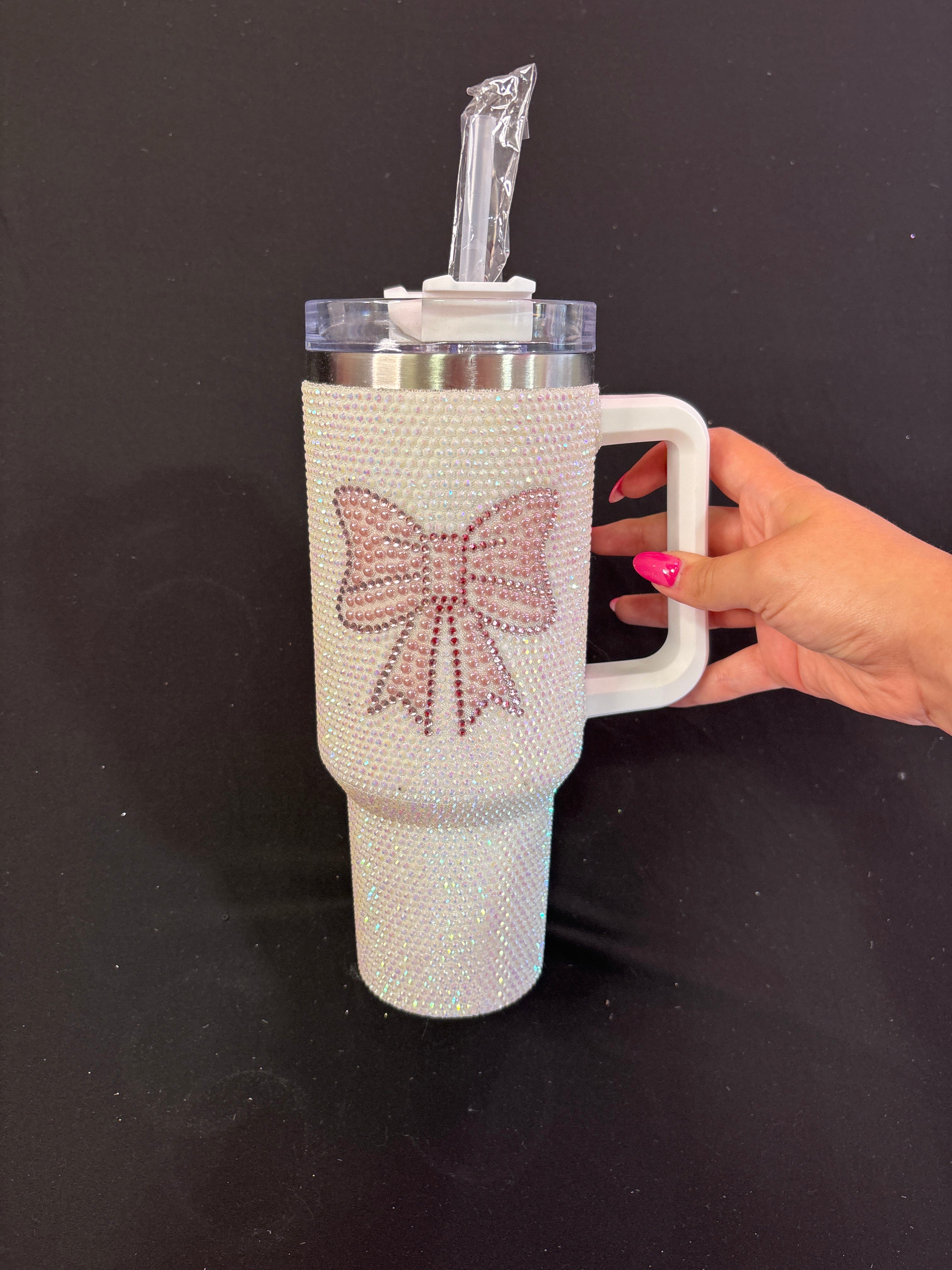 White Sparkle Tumbler Cup with Pink Bow