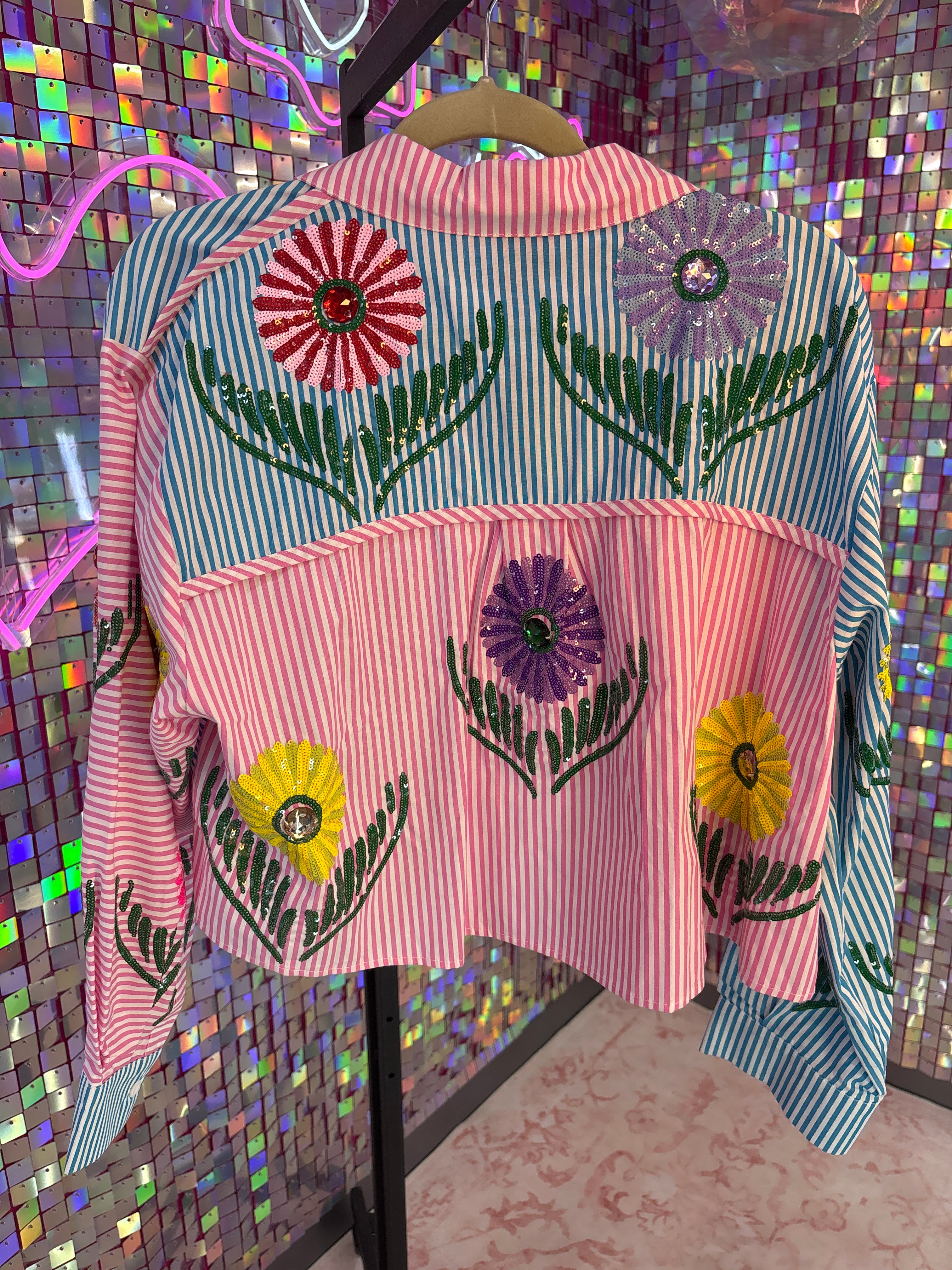 Queen of Sparkles QOS NWT Blue and Pink Striped Button Up with Flowers S