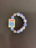 #22 Mahjong Tile Bracelet with Blue and White floral beads and silver beads with Joker CLEARANCE