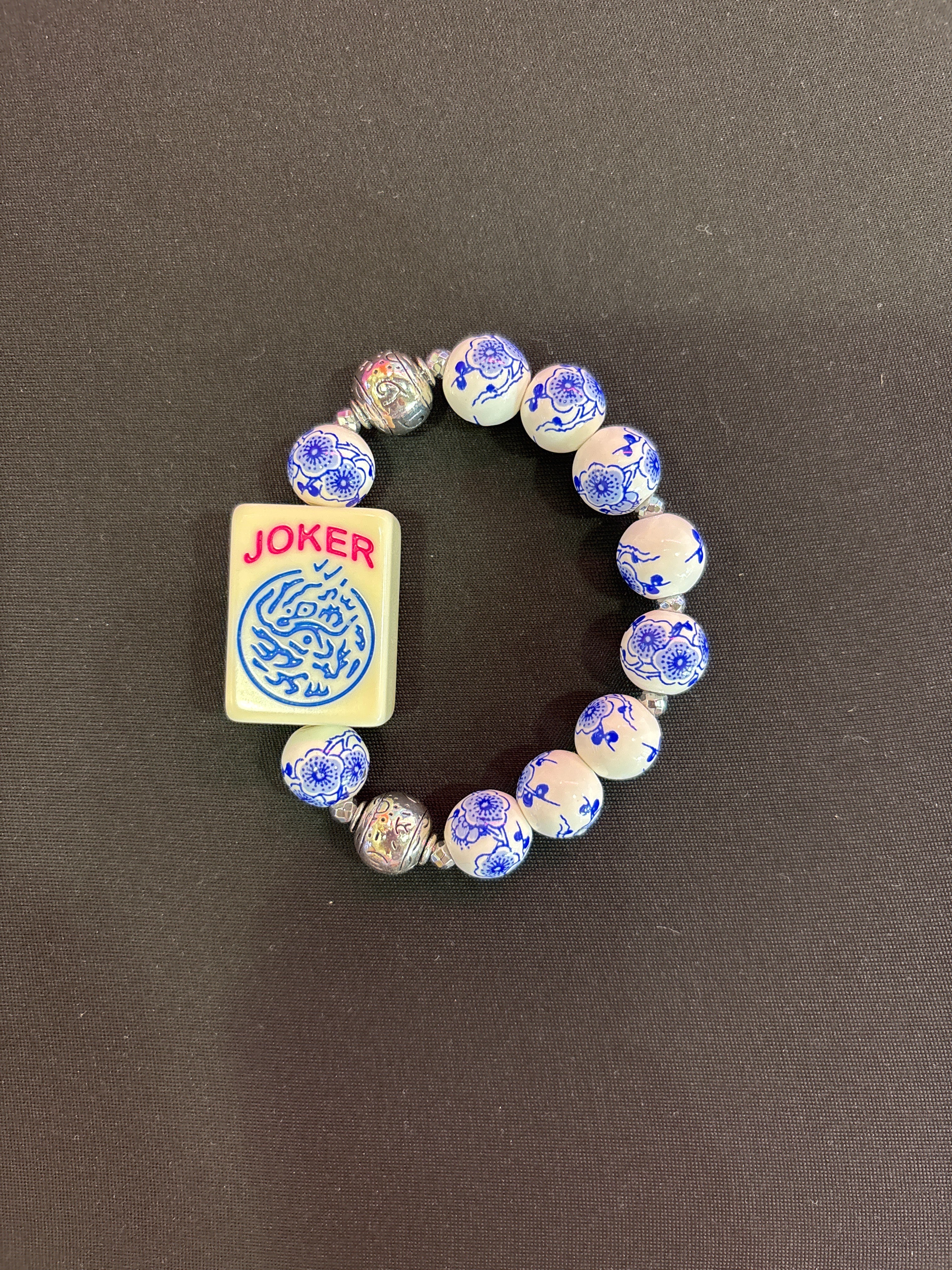 #22 Mahjong Tile Bracelet with Blue and White floral beads and silver beads with Joker CLEARANCE