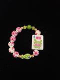 Mahjong Tile Bracelet with Pink and White Floral Beads with Green Fish and Green Beads with 4 Flower