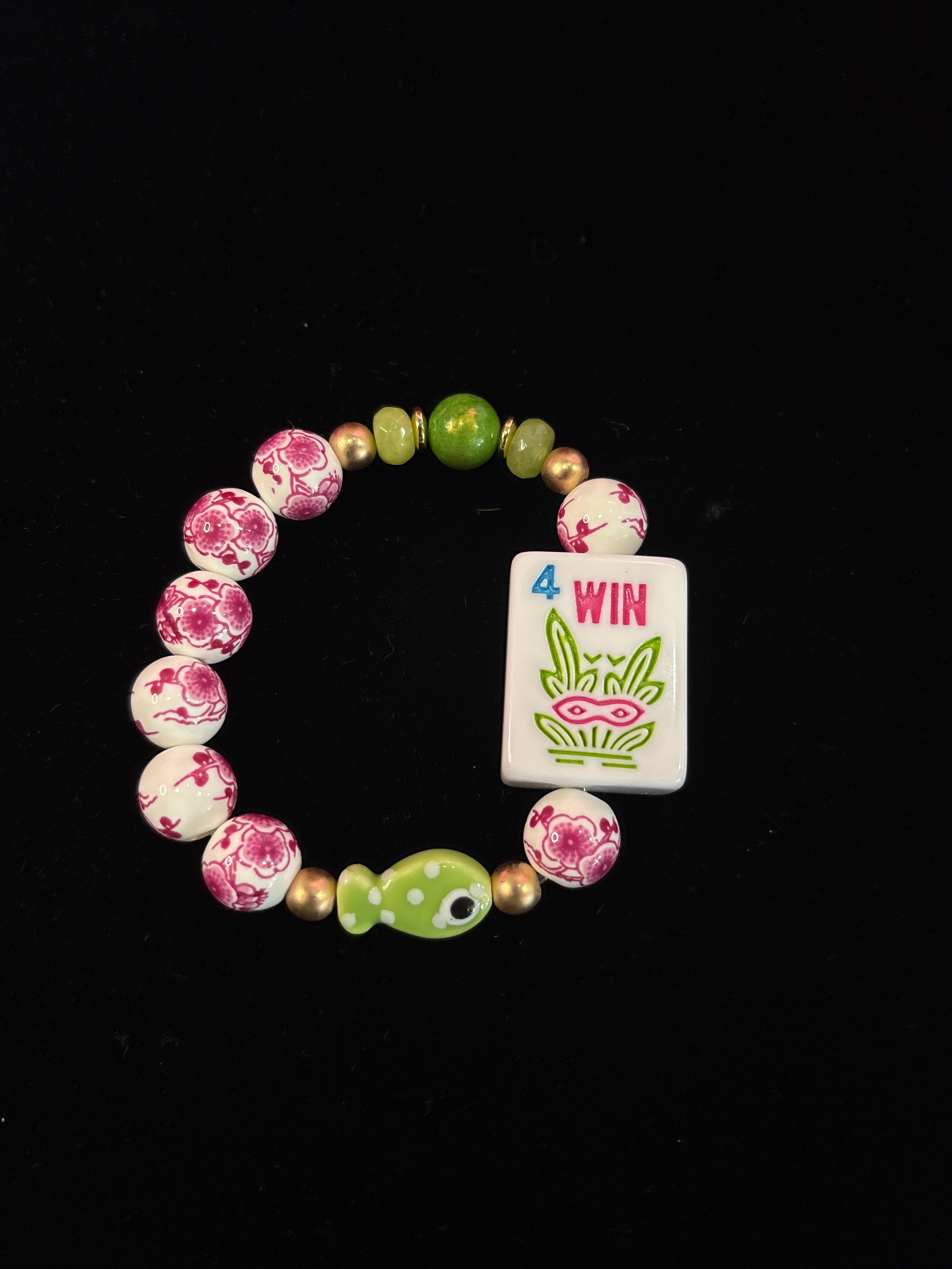 Mahjong Tile Bracelet with Pink and White Floral Beads with Green Fish and Green Beads with 4 Flower