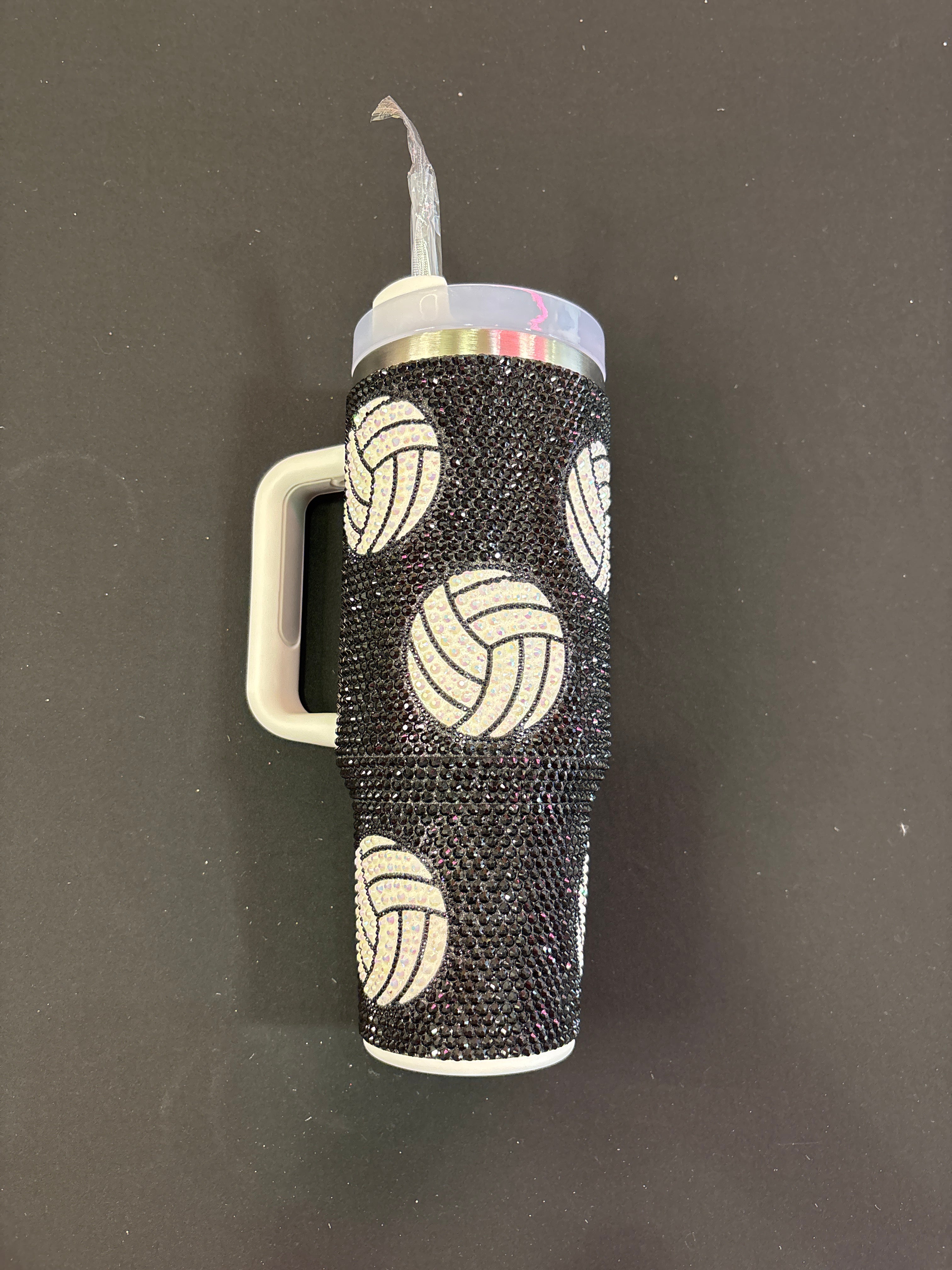 Black Sparkle Tumbler Cup with White Volleyballs