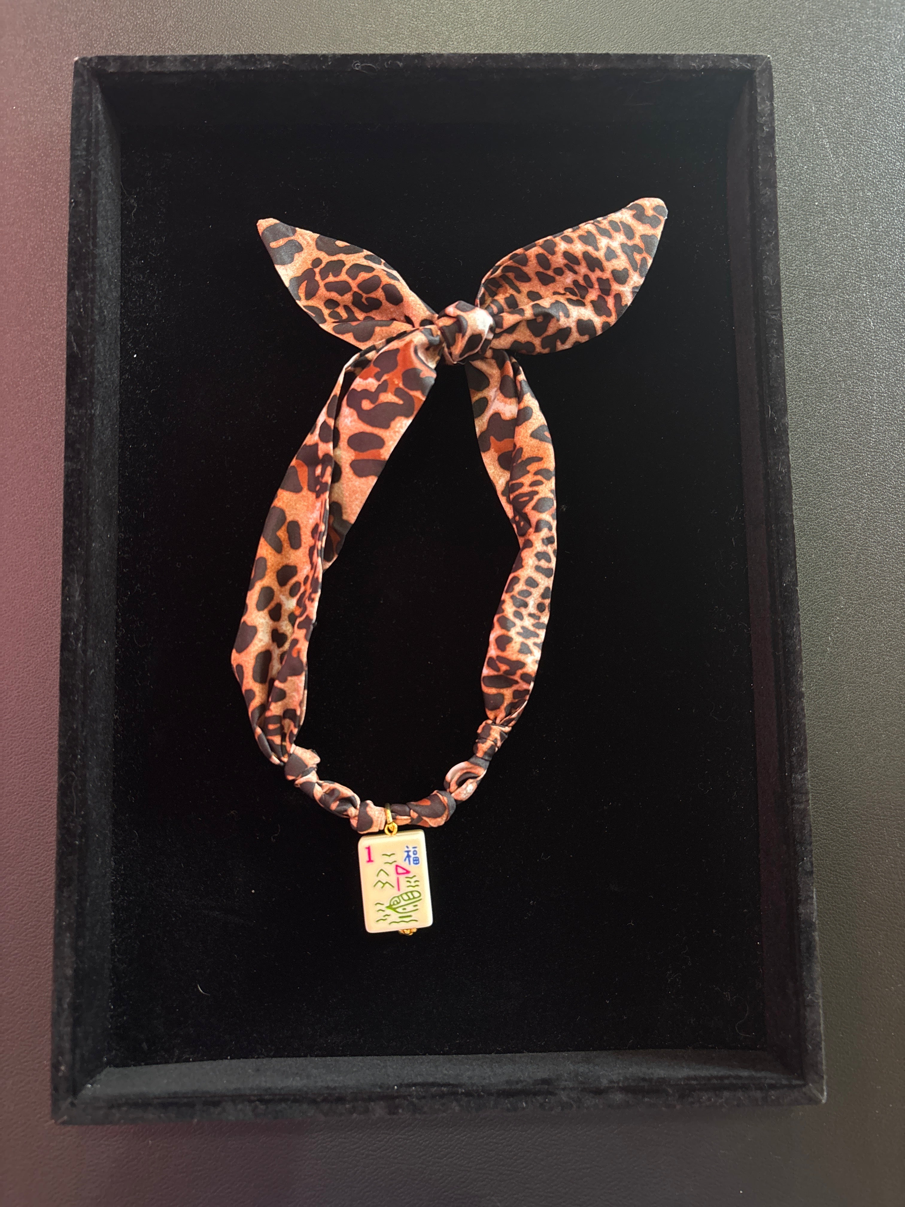 Mahjong Tile Scarf Necklace- Leopard with 1 Bam