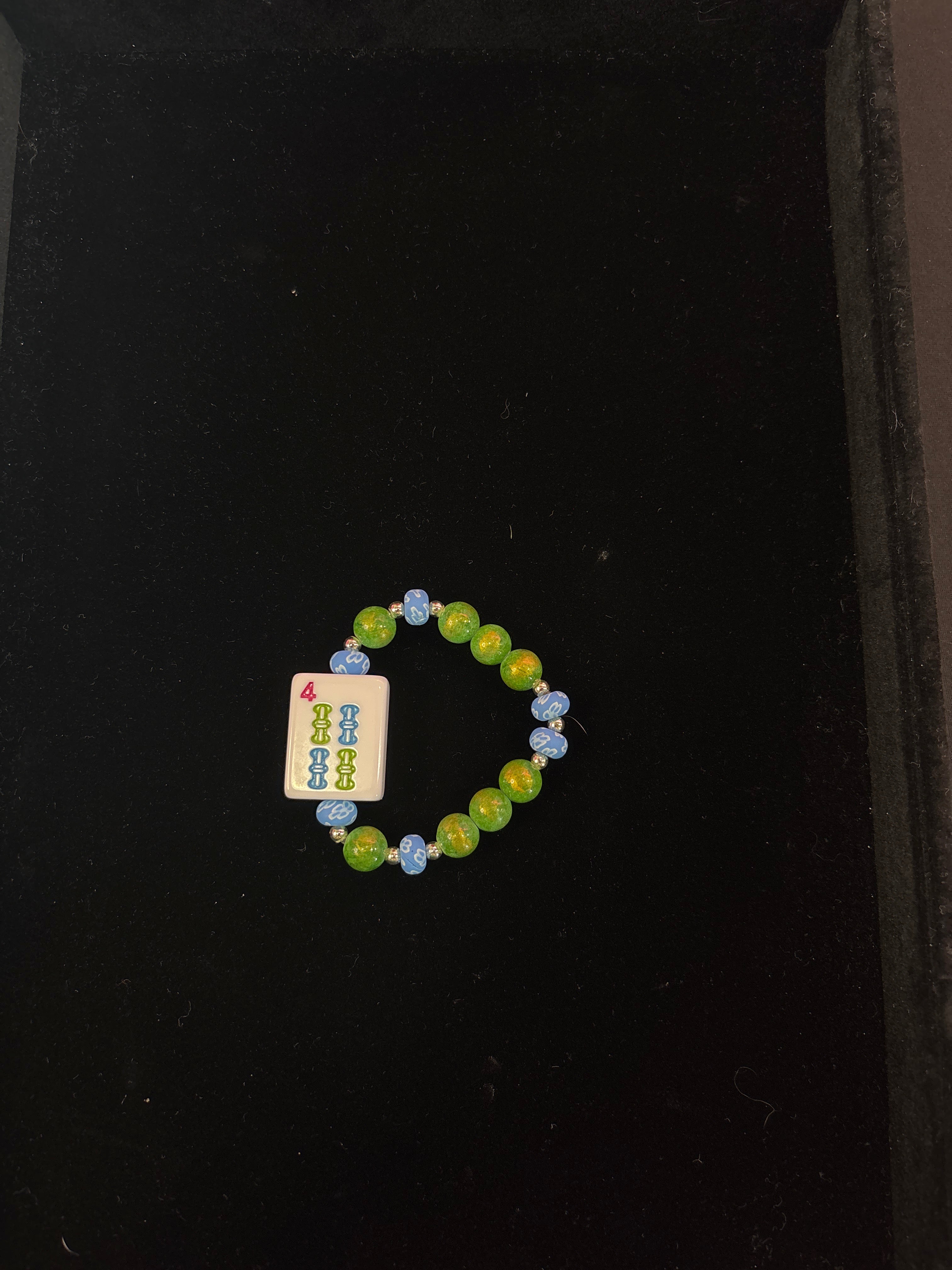 #1 Mahjong Tile Bracelet with 4 Bam and Green and Blue Beads