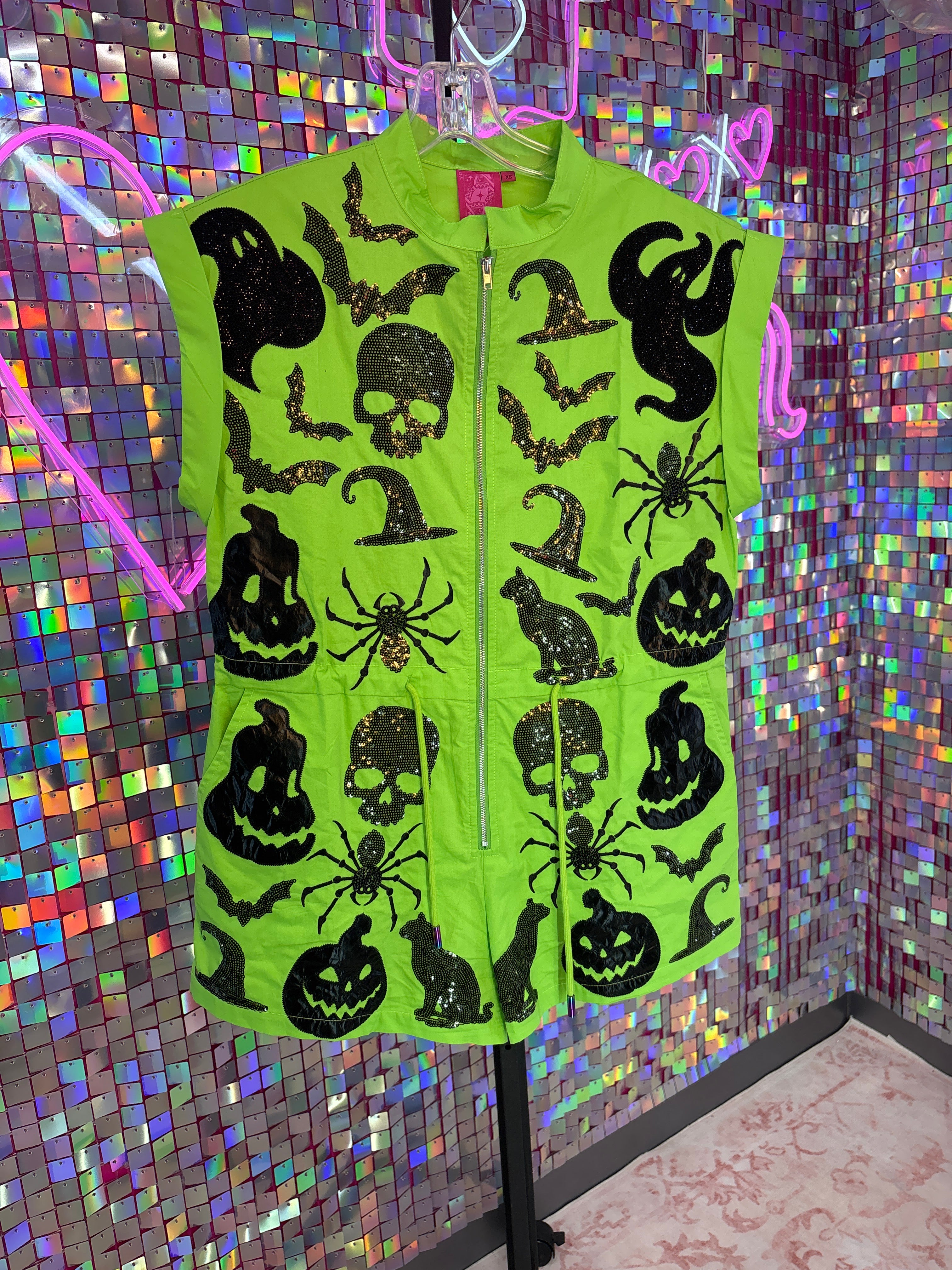 Queen of Sparkles QOS NWT Green Halloween Romper XS