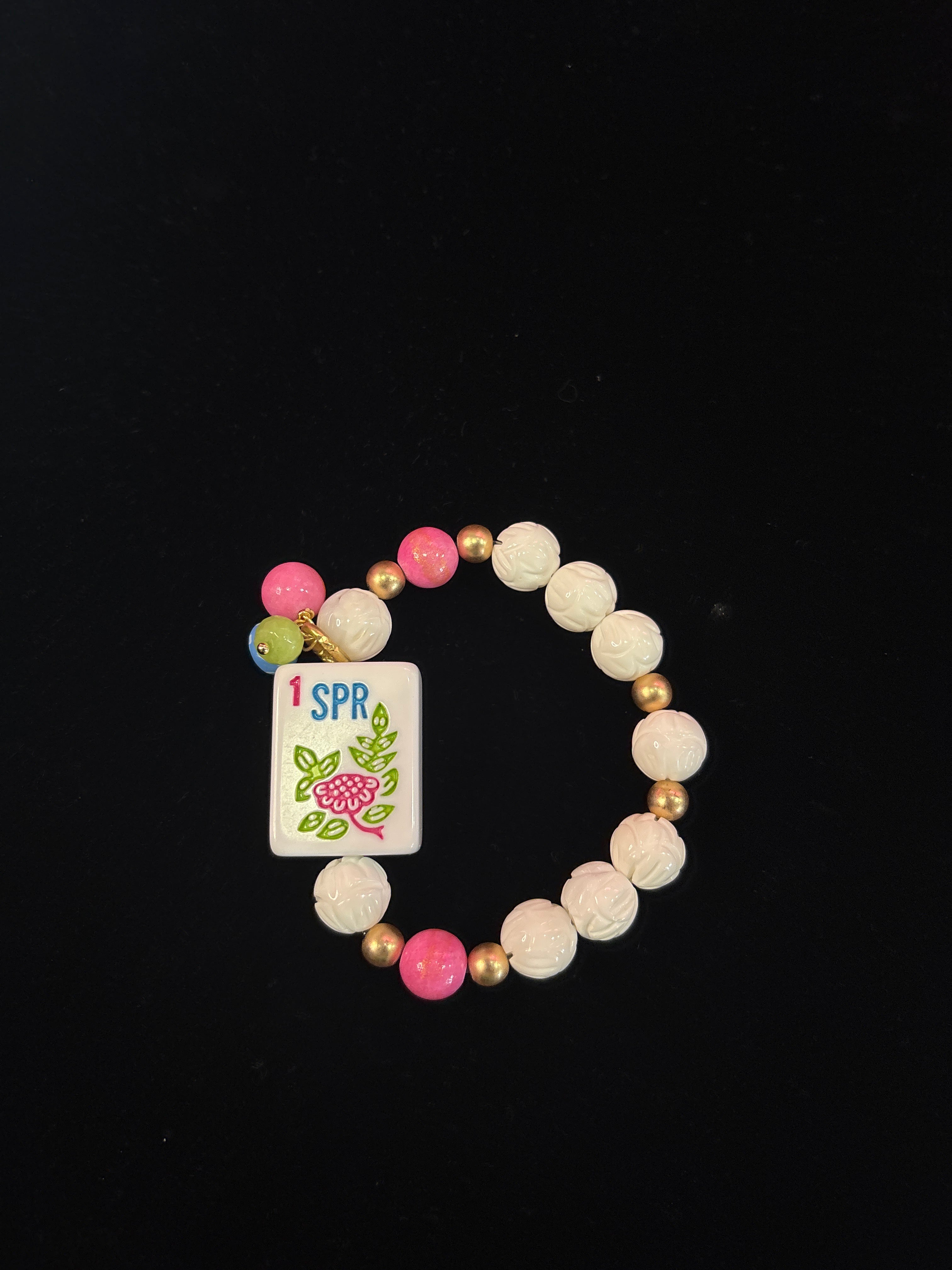 #3 Mahjong Tile Bracelet with Pink and White Beads with 1 Flower
