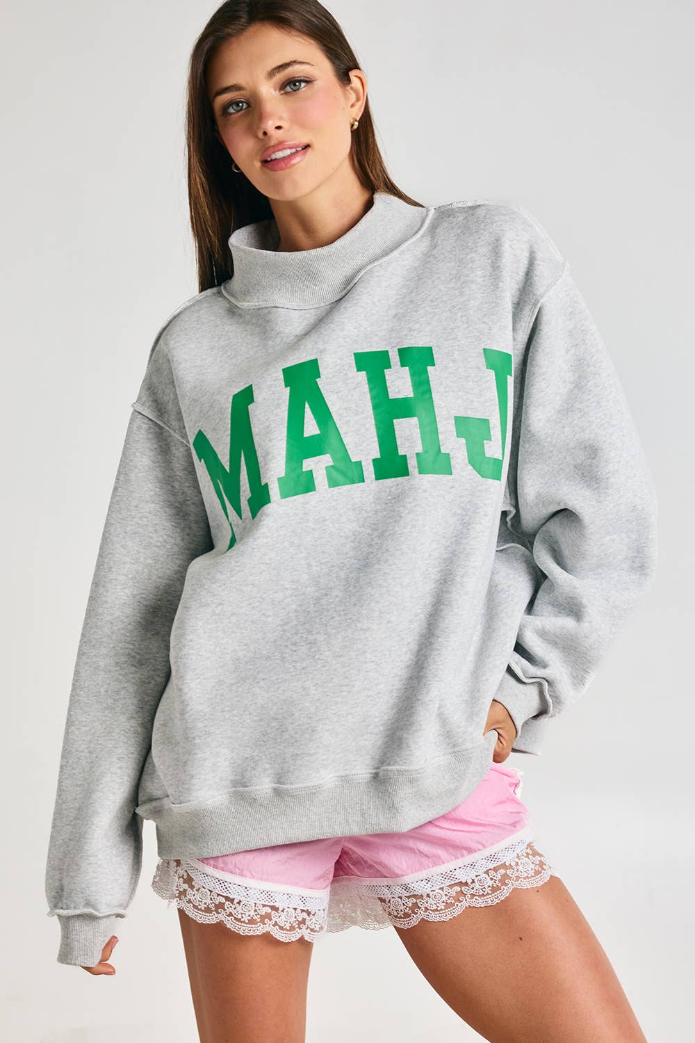 MAHJONG  Reversible "MAHJ"&"BAM" Mock Neck Sweatshirt: Heather Grey/Kelly Green / S/M-L/XL (3-3)