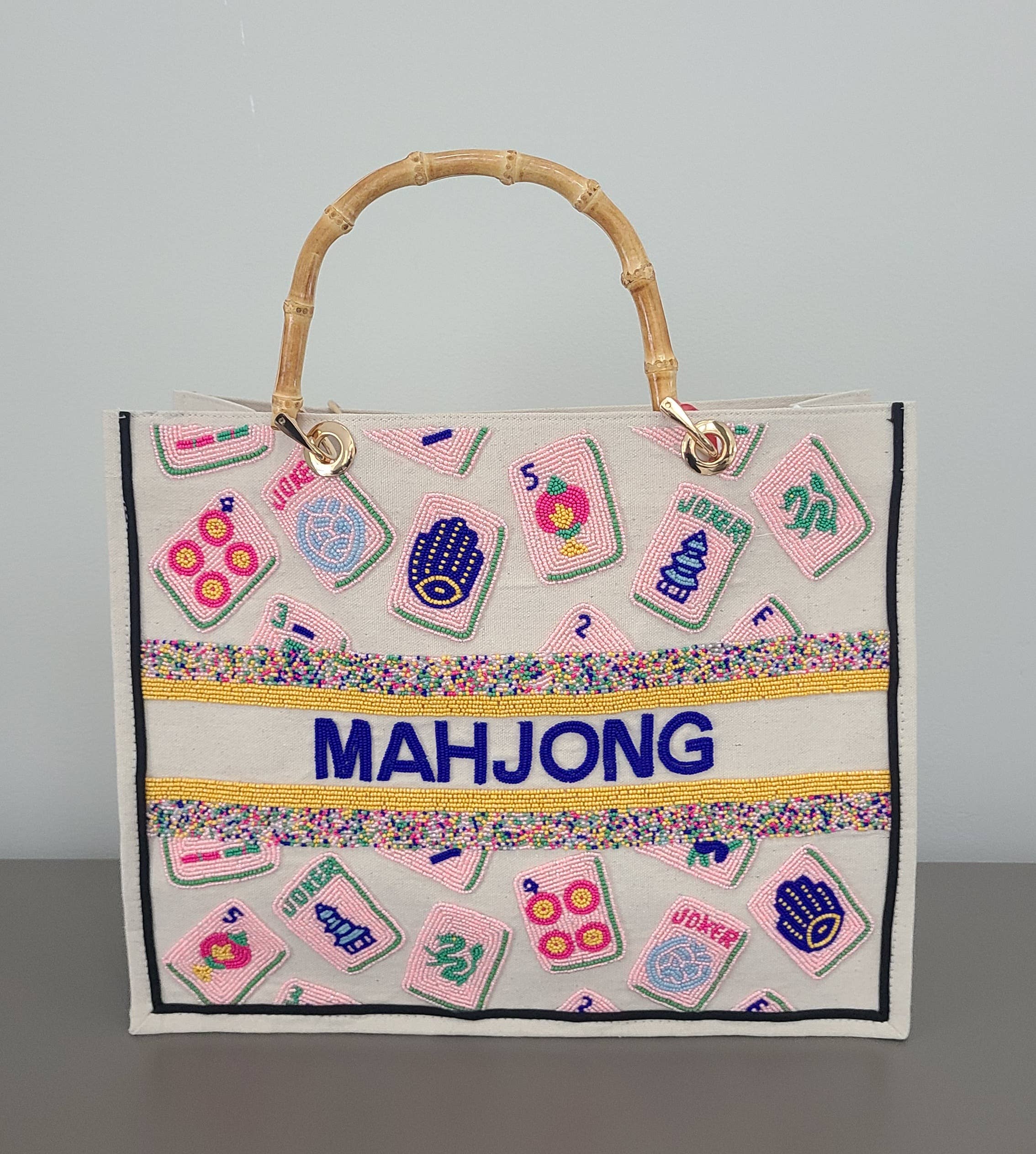 HAND BEADED PINK MAHJONG TOTE BAG BAMBOO HANDLE
