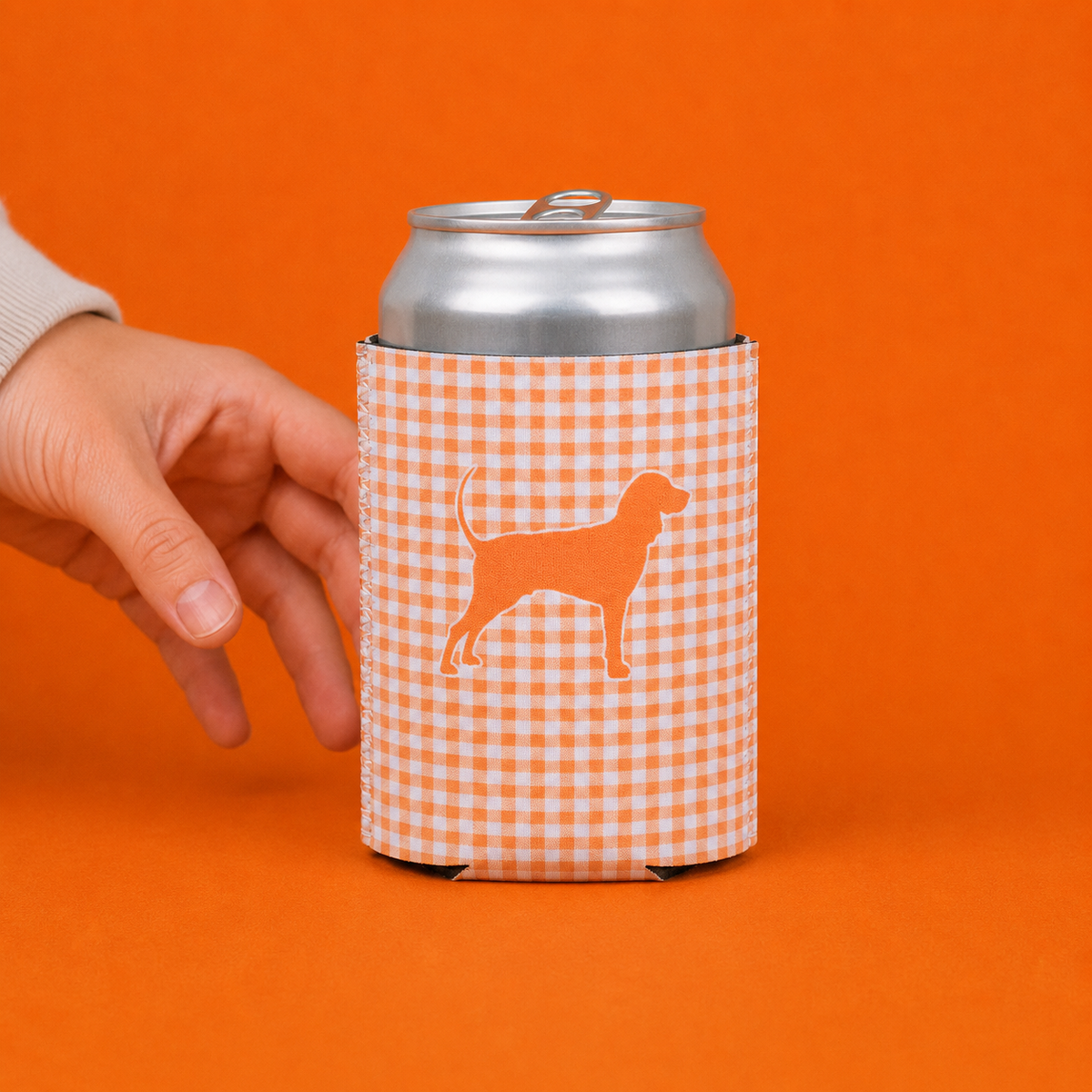 Gingham Bluetick Coonhound Can Cooler