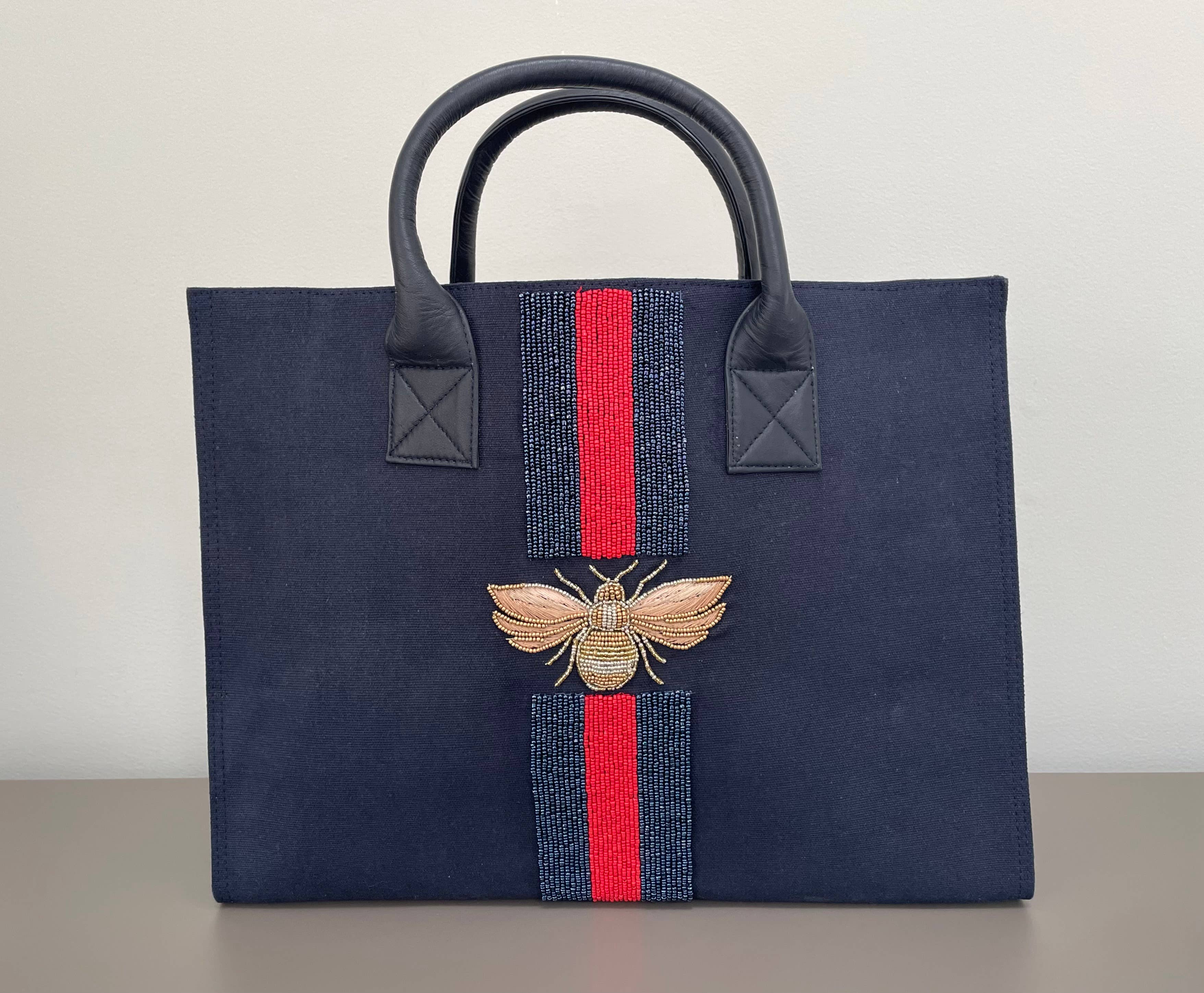 Navy Bee Beaded Bag