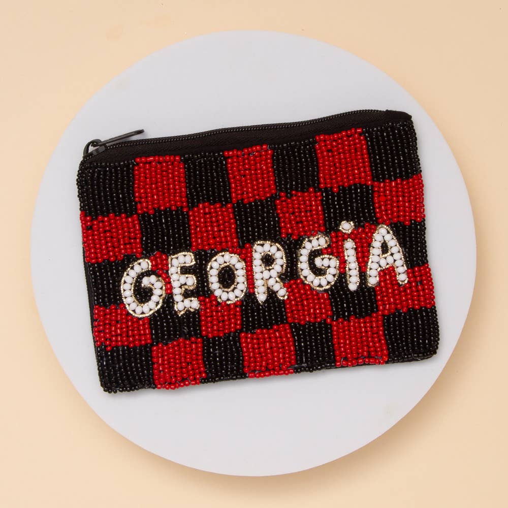 Gameday Checkered Pattern State Name Seed Beaded Coin Bag: Burgundy White